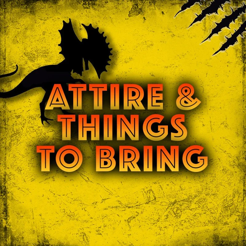 Text saying e-kidz children's camp "Attire & Things to Bring" with a black dragon silhouette and decorative claws on a yellow textured background.