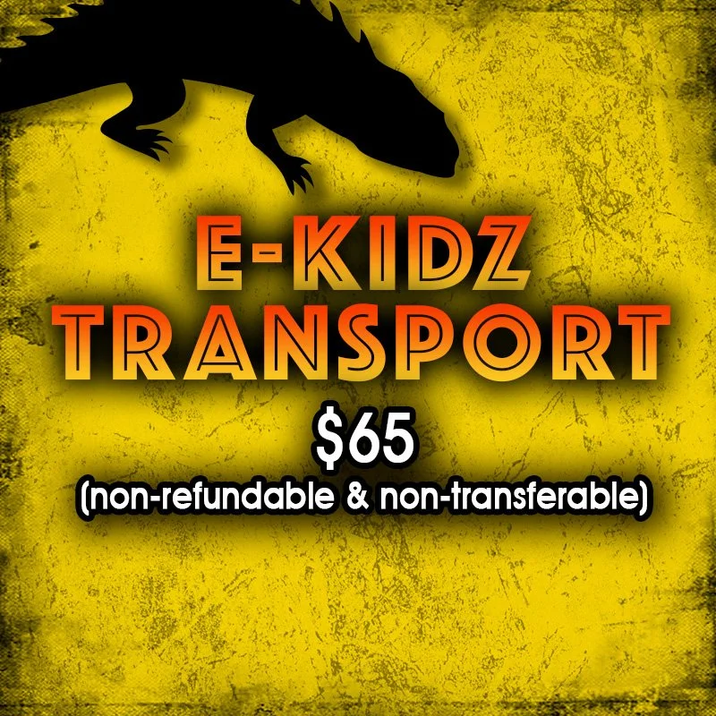 A yellow background poster with a black silhouette of a dinosaur in the top left corner. The text reads "E-KIDZ TRANSPORT" in orange and red gradient letters, with the price "$65" in bold white below. Additional text states "non-refundable & non-transferable" in black at the bottom.