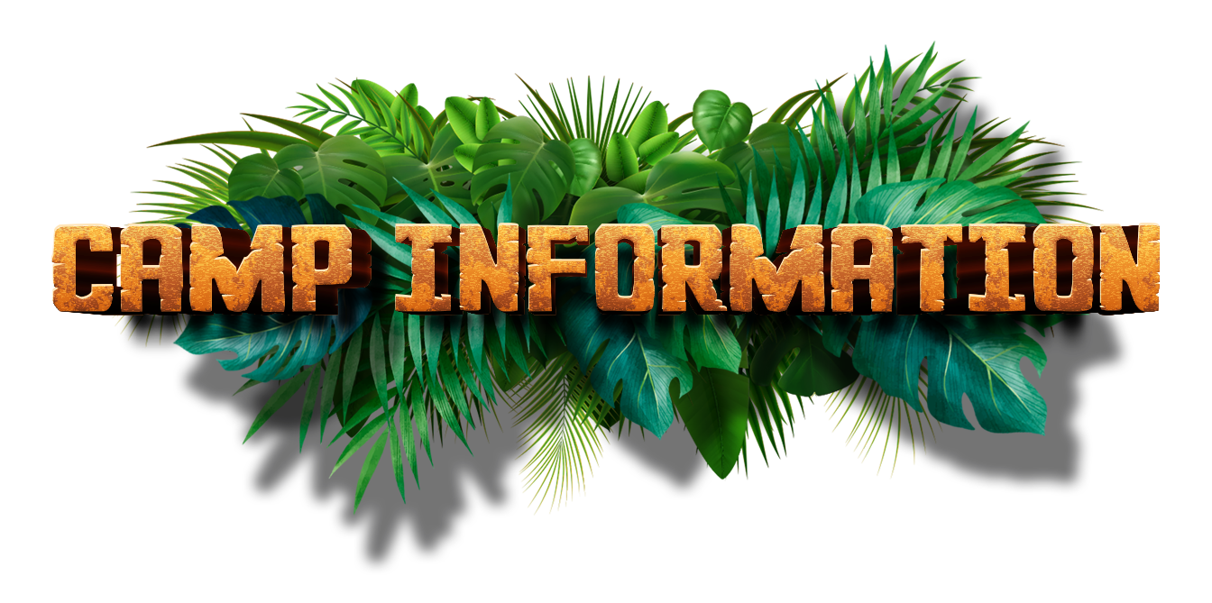 Text 'e-kidz children's Camp Information' over a background of tropical green plants