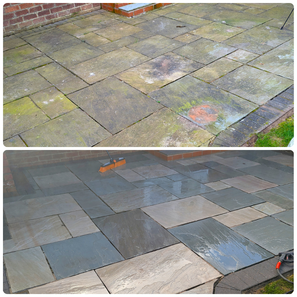 Comparison of a weathered, moss-covered outdoor stone patio before and after cleaning, showing the cleaned, new-looking surface.