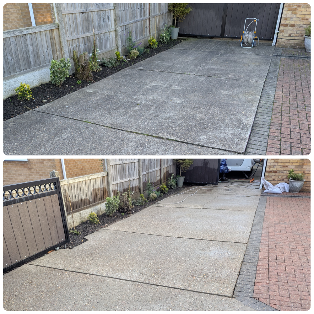 Comparison of a concrete driveway before and after cleaning, with the cleaned surface appearing brighter and more uniform.