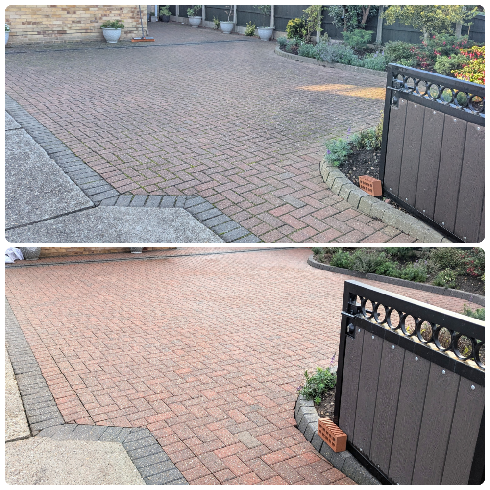 Comparison of a driveway before and after cleaning; the top shows dirty, mossy brick paving, the bottom shows clean, bright brick paving.
