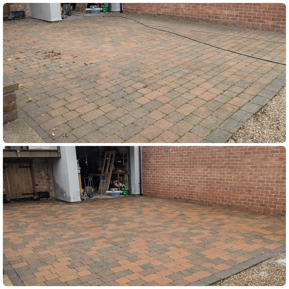 Before and after images of a paved backyard area. The top image shows the area with some leaves and dirt and moss, while the bottom image shows the area cleaned and chemically treated.