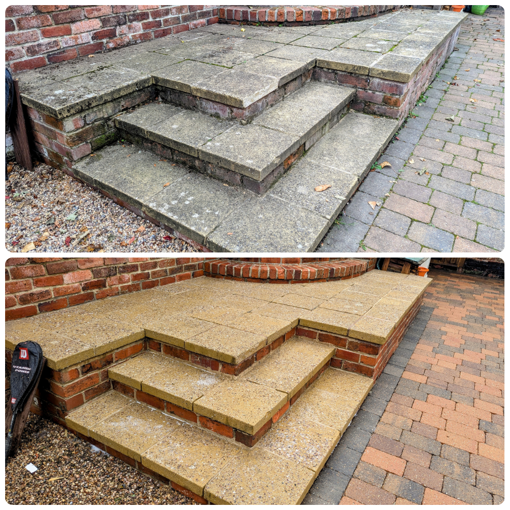 Comparison of a concrete step renovation before and after, showing the old worn-out gray concrete steps in the top image and the newly replaced yellowish brick steps in the bottom image.