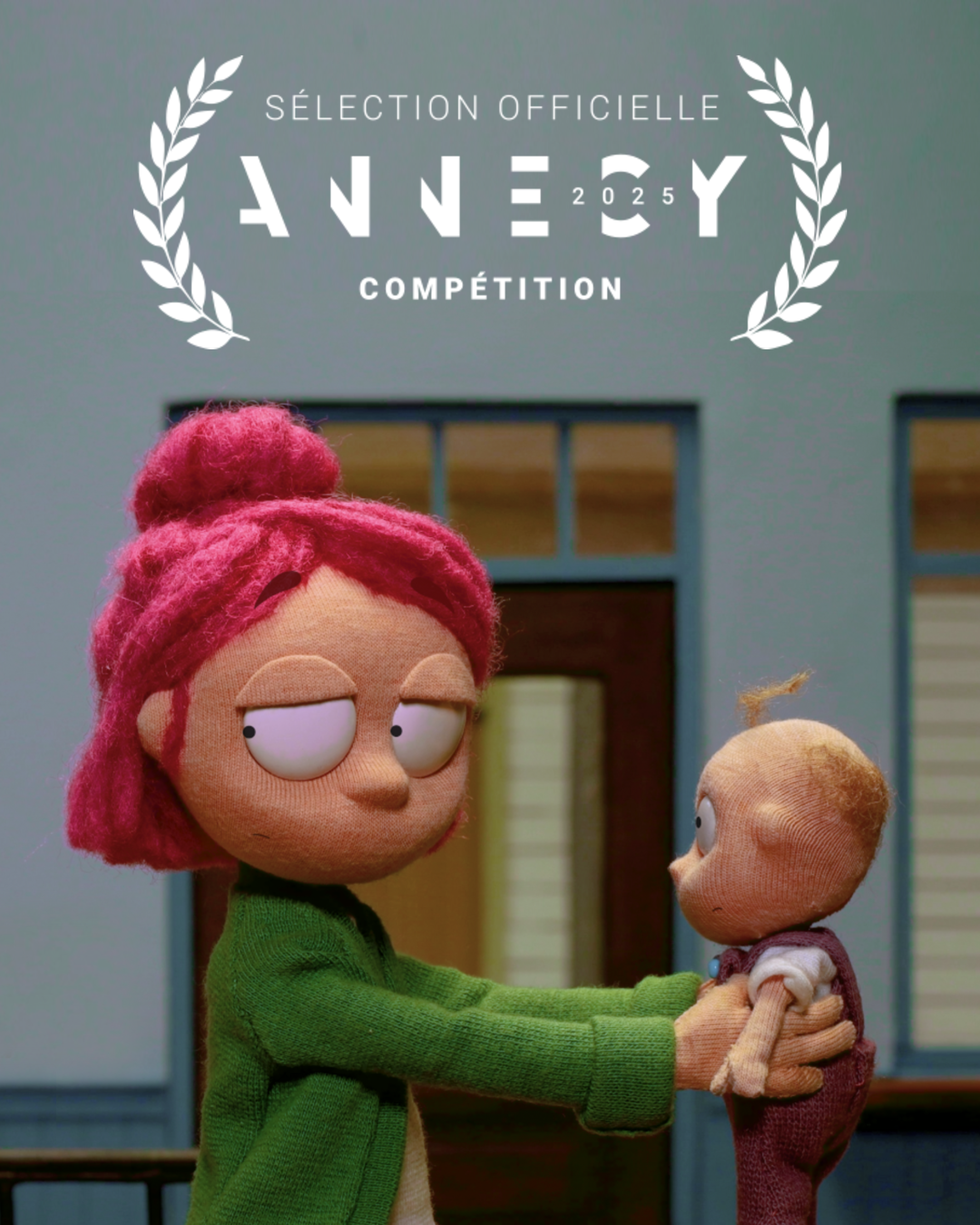 Two puppet characters, a girl with red hair and a boy with curly blonde hair, holding hands outside a house with a blue door and window.