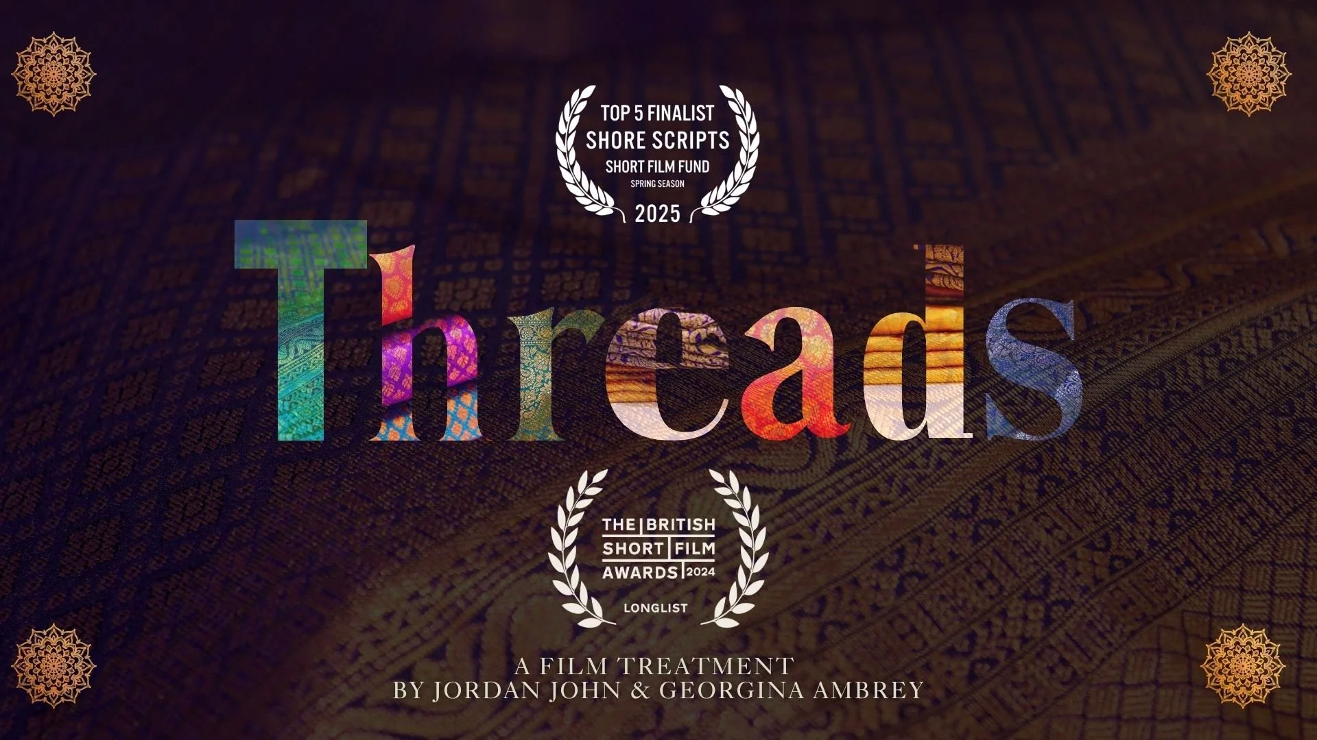 Poster for the film 'Threads' with colorful, patterned text overlaying a dark, textured background, featuring awards and recognition details.