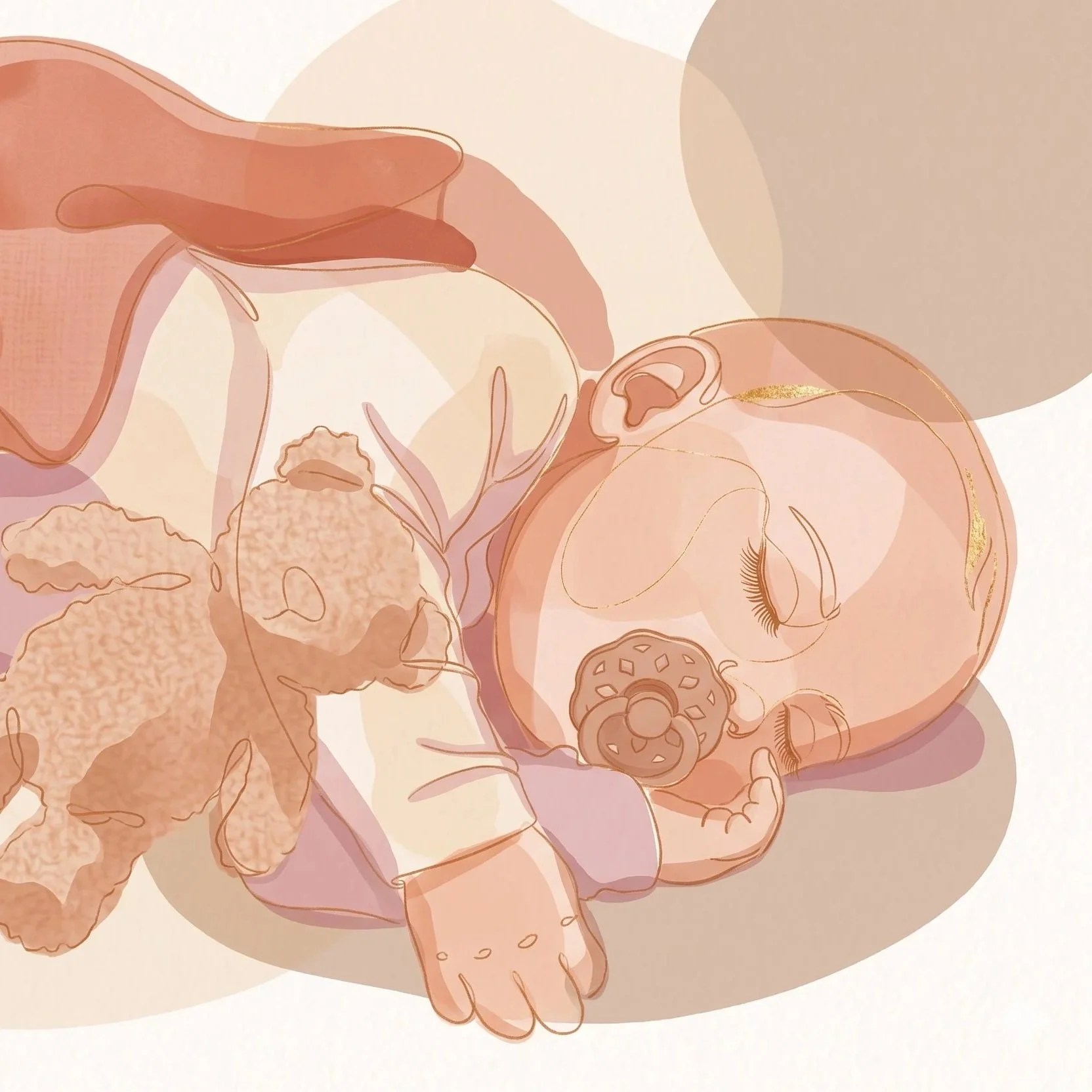 Illustrazione artistica di una figura umana stilizzata di colore rosa e beige, con profilatura di un bambino che tiene la mano di un adulto, raffigurati con linee sottili e dettagli minimali, con sfondo neutro e forme astratte di tonalità calde.