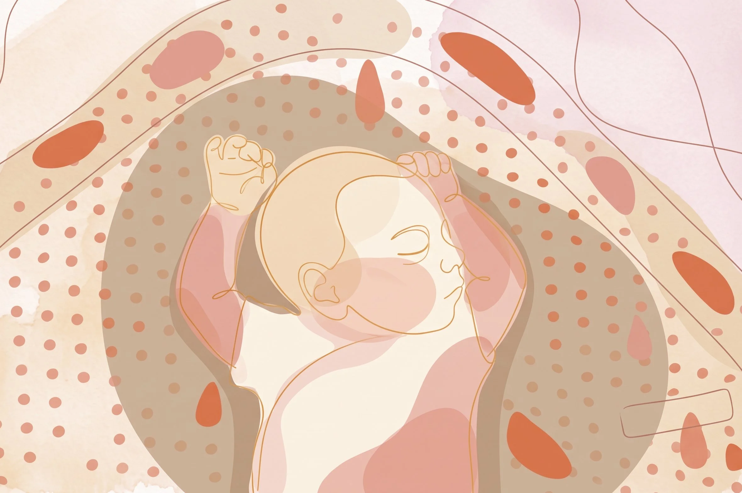 Disegno stilizzato di una donna incinta che tiene il pancione, con rappresentazioni schematiche di cellule e tessuti circondano la figura, in tonalità di rosa, arancione e beige.