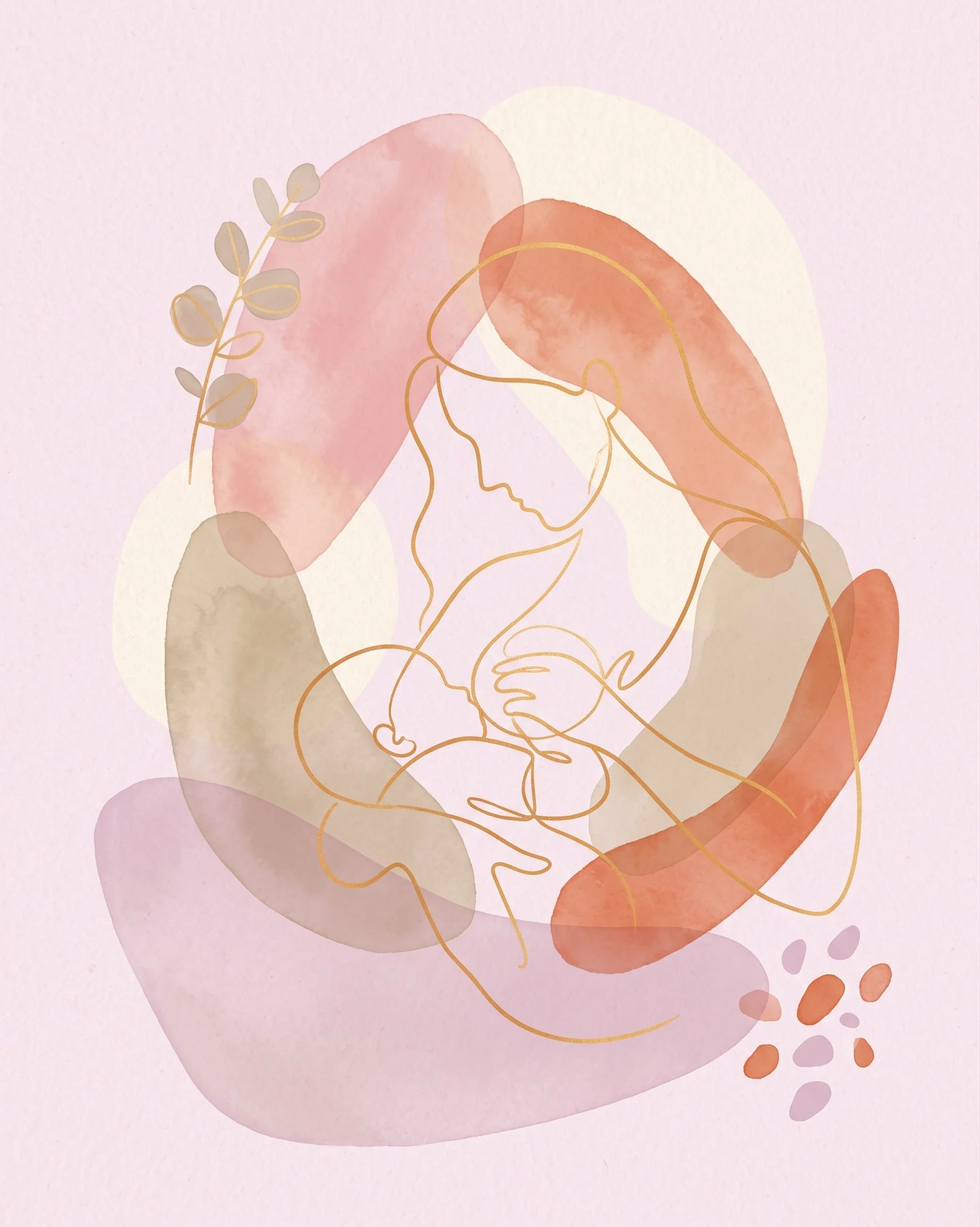 Profilo astratto di donna con forme rosa e foglie, per il percorso di dissociazione seno-sonno del bambino.
