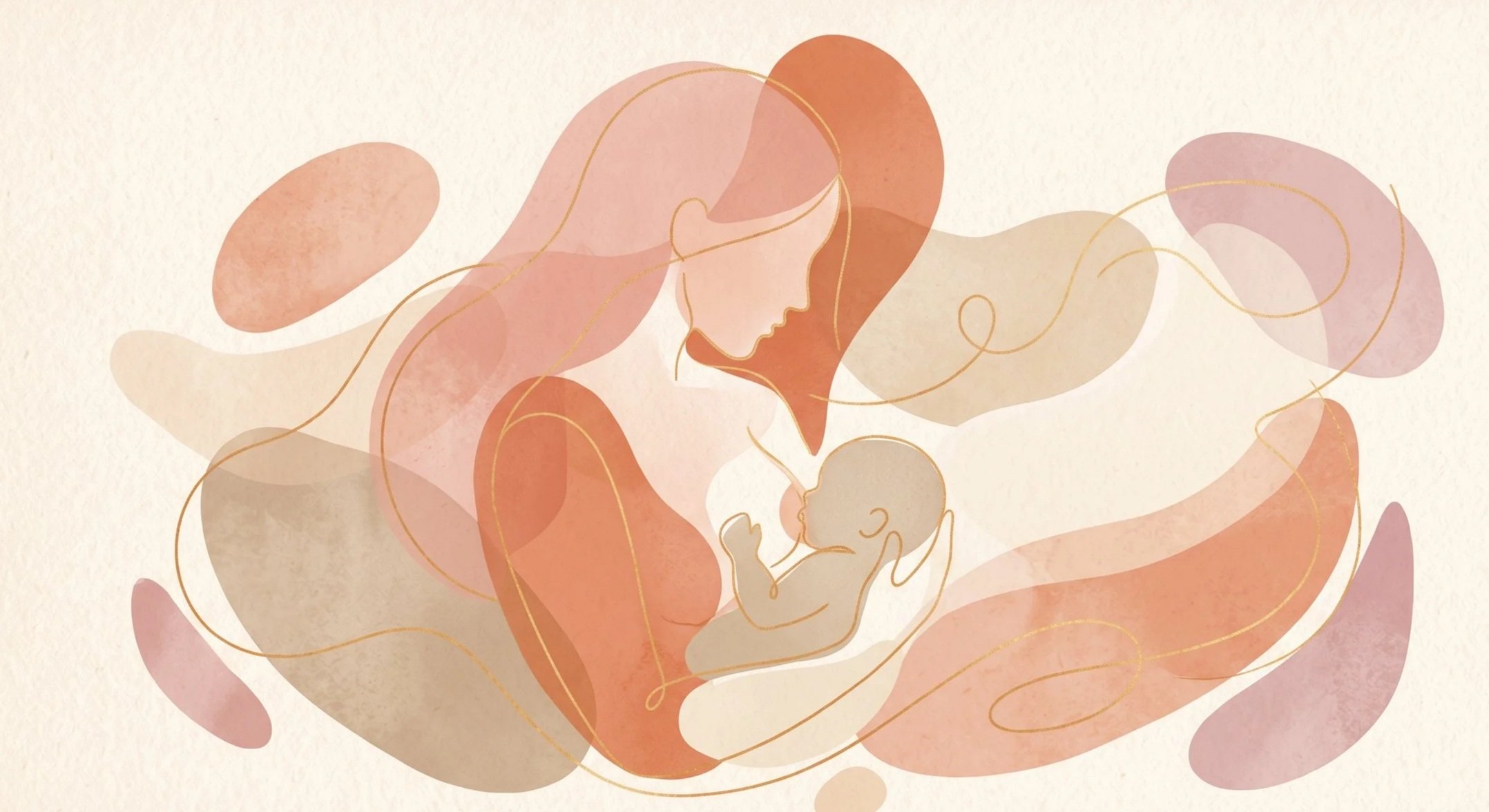 Mamma che abbraccia teneramente neonato in un disegno delicato dai toni beige e rosa per consulenza allattamento serena.
