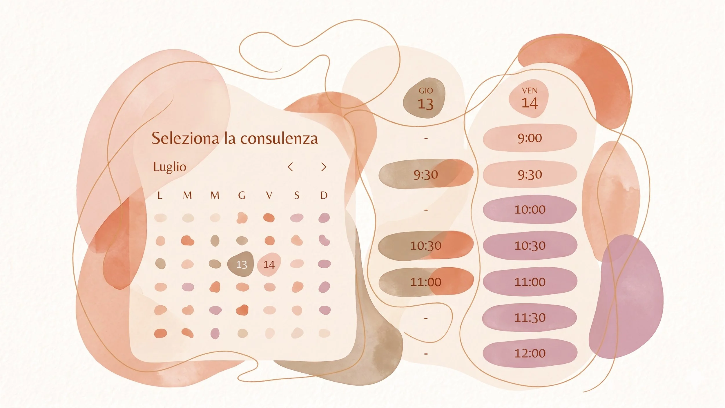 Calendario artistico a colori neutri con orari e date per prenotare il tuo appuntamento di consulenza.