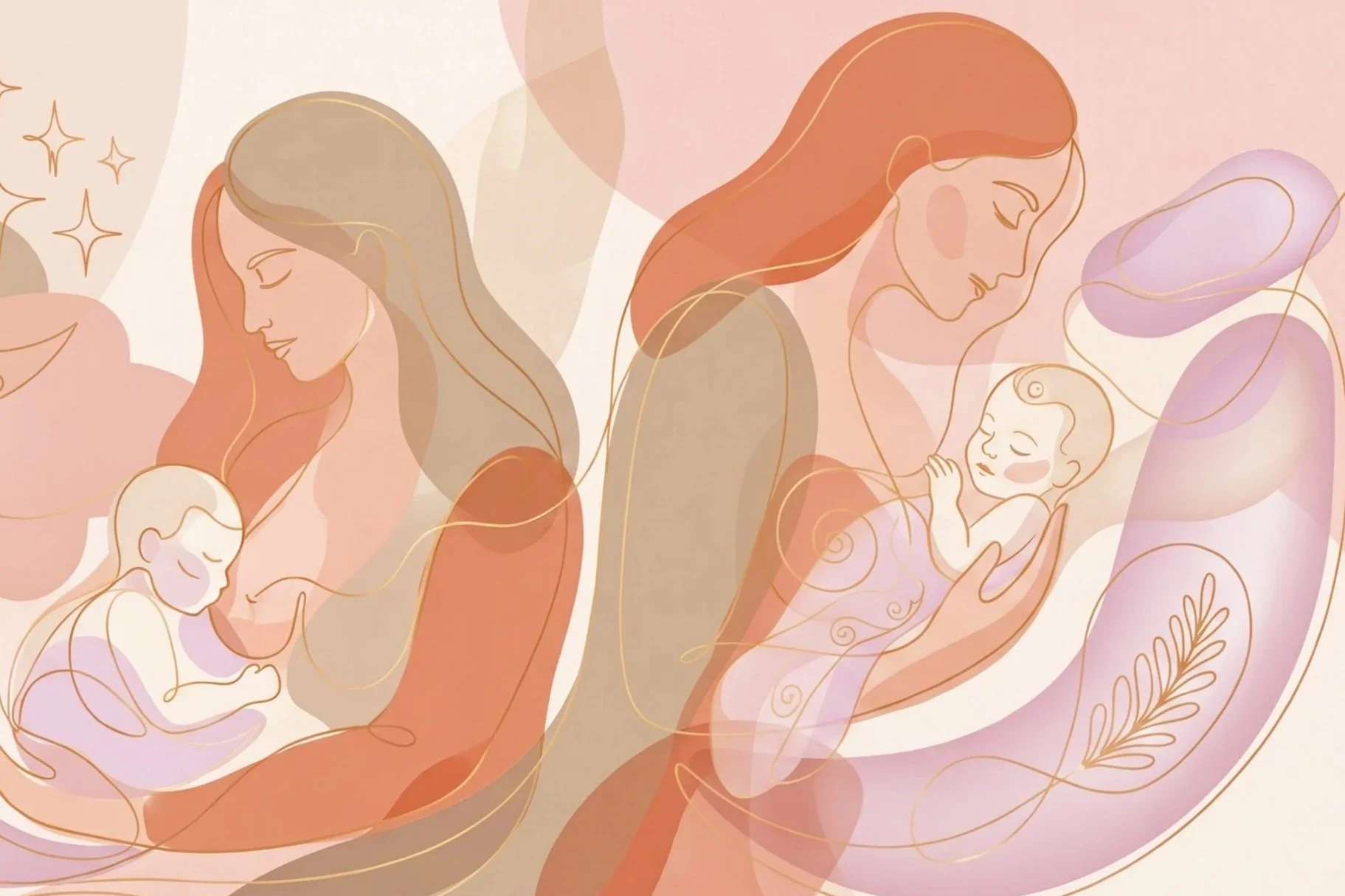 Illustrazione astratta di diverse madri e bambini, con linee sottili e tonalità calde, simbolizzando maternità e cura.