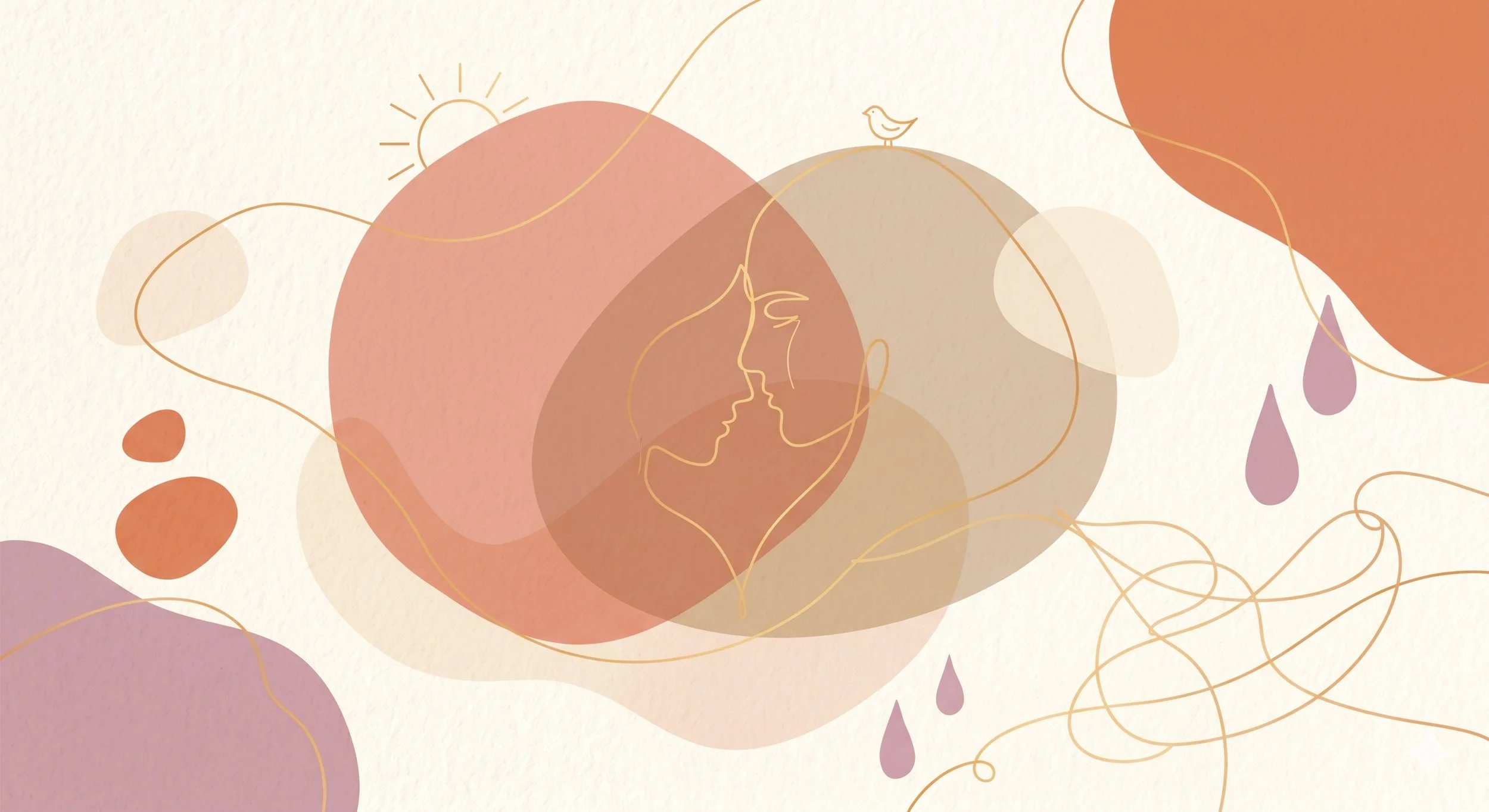 Illustrazione astratta di due volti di profilo che si avvicinano, circondati da forme colorate e linee sottili, con un sole e un uccellino sullo sfondo.
