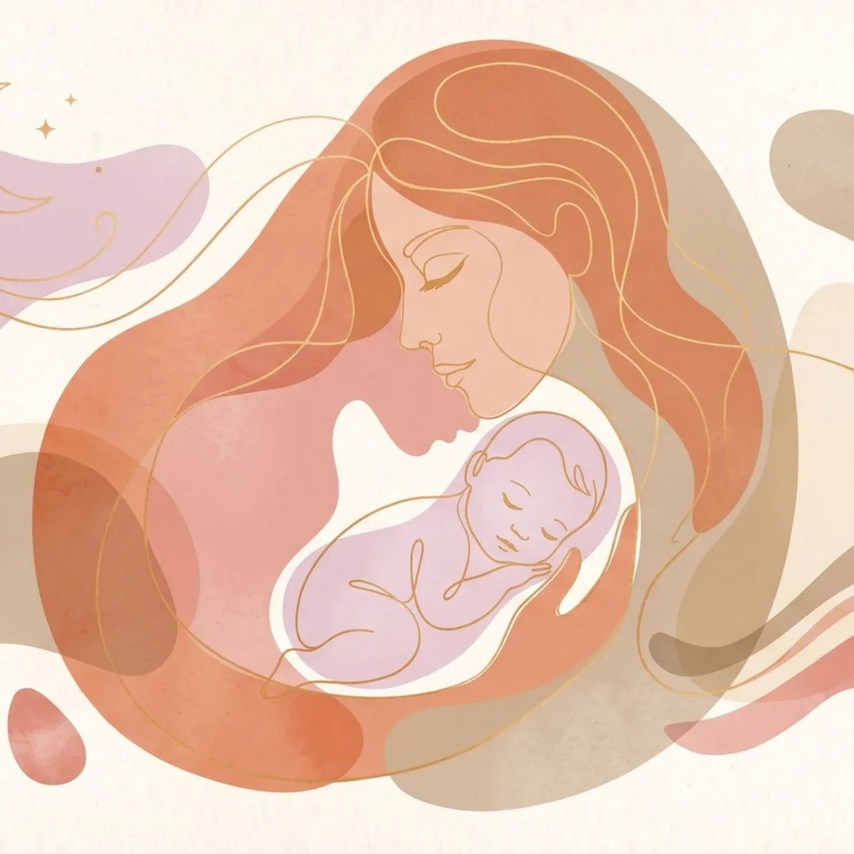 Disegno stilizzato a colori caldi di madre e bimbo, per il percorso continuativo di supporto all'allattamento.