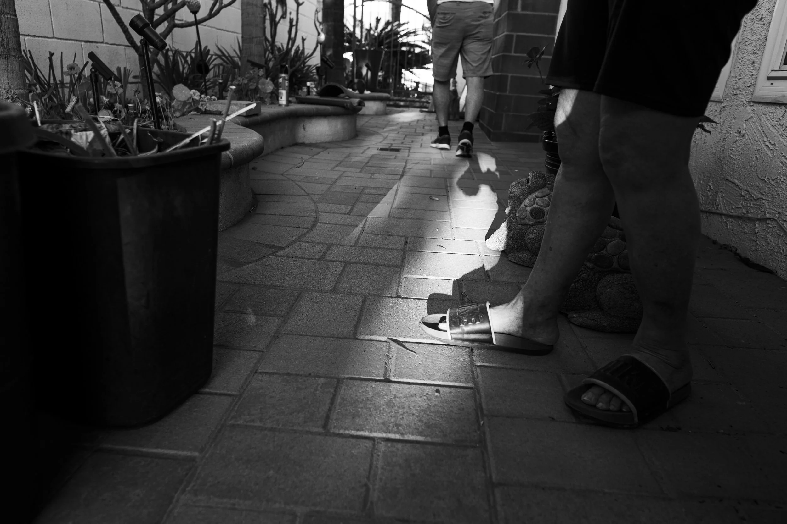 The familiar shoes and sandals of my grandparents are illuminated in the light of the setting sun as they both make their way through the backyard. For a long while, these shoes have symbolized  an atmosphere in the house and backyard that is reminis