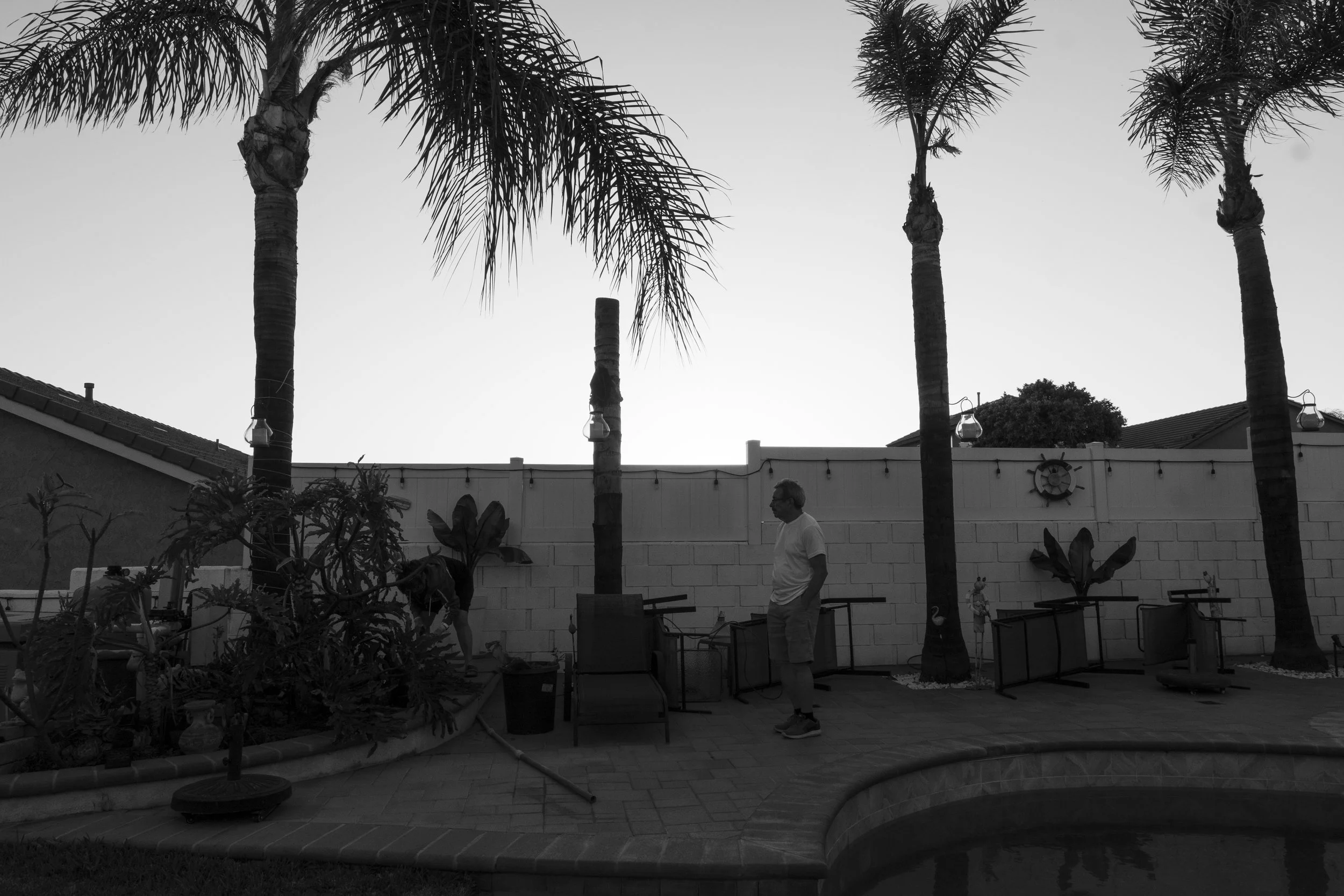 My grandpa stands among the backyard as the sun sets behind the yard wall while my grandma finishes gardening. Behind him, the palm trees begin to sway in the spring breeze, new to this day, just as they have in years past and just as they will in th