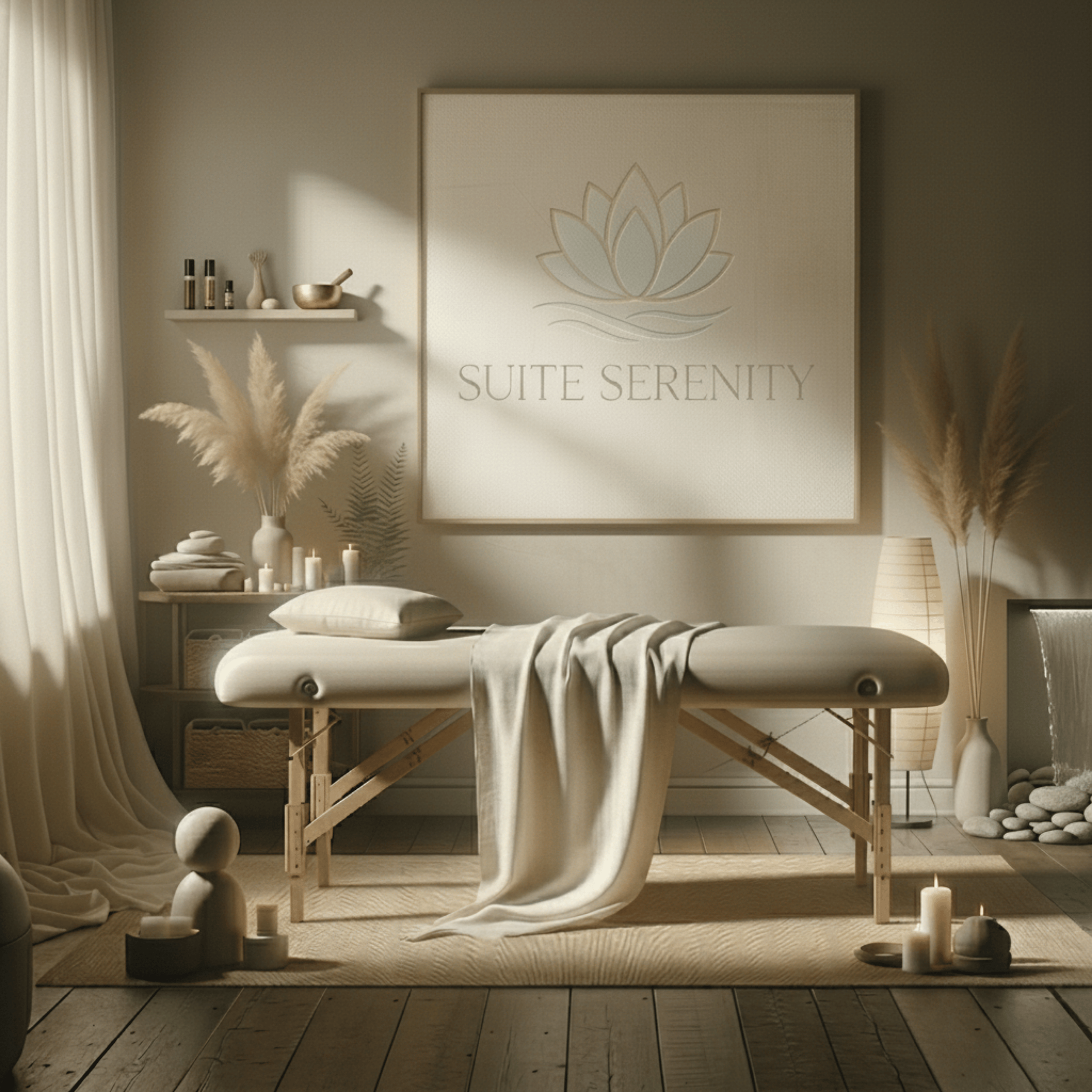A spa room with a massage table, candles, and relaxing decor, with a sign that reads 'Suite Serenity' on the wall.