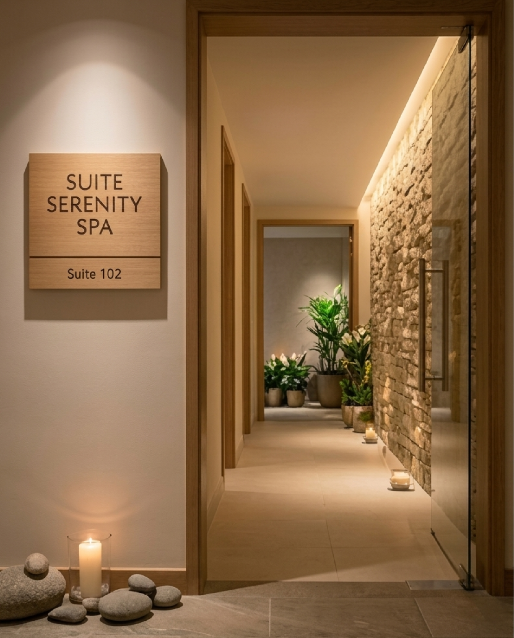 Indoor spa or wellness area with a wooden sign reading 'Suite Serenity Spa, Suite 102' on the left, stone wall on the right, and warm lighting. Decor includes plants and candles.