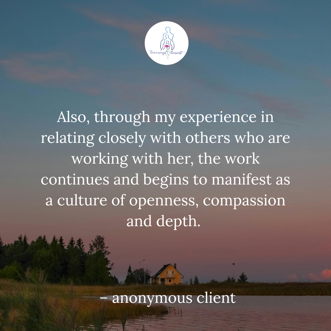 An inspiring quote about connection, openness, and compassion set against a warm sunset sky, with a peaceful house by the water surrounded by trees.