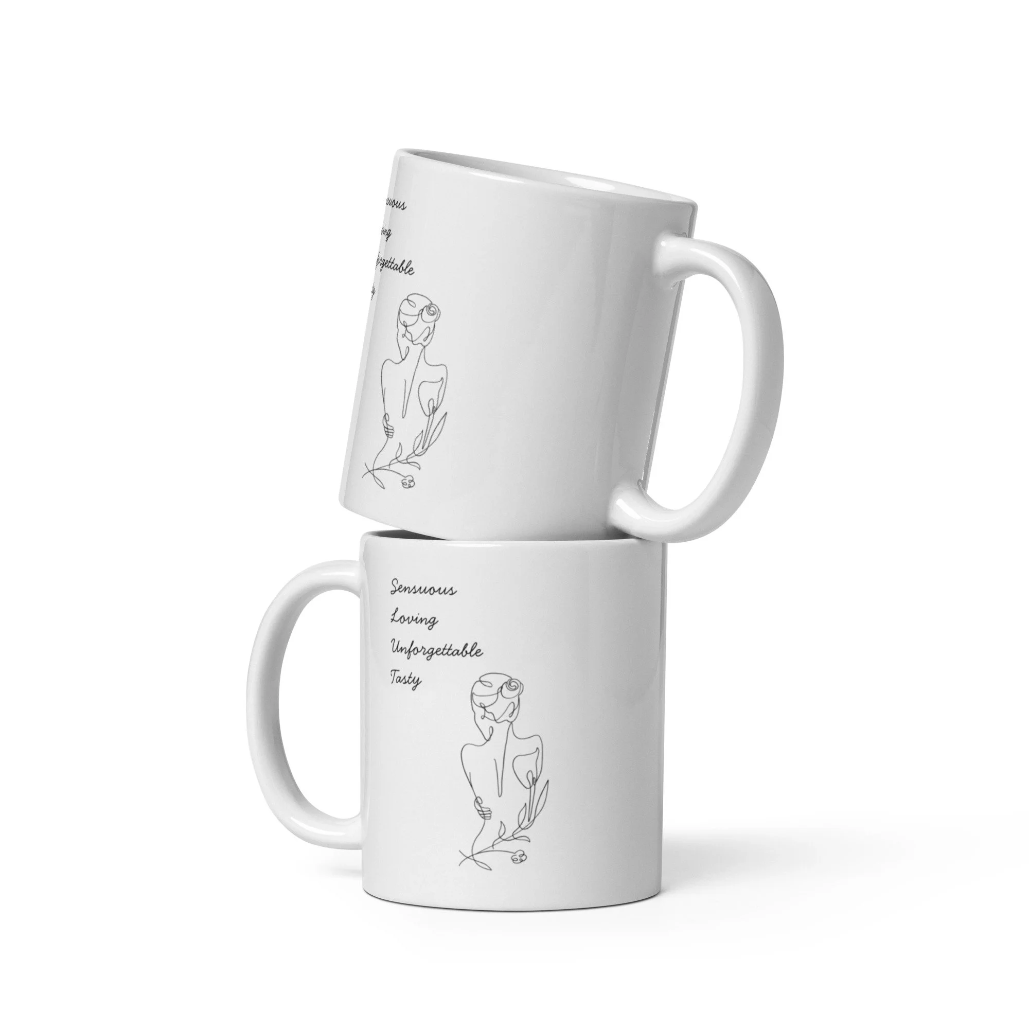 Sensuous, Loving, Unforgettable, Tasty White glossy mug