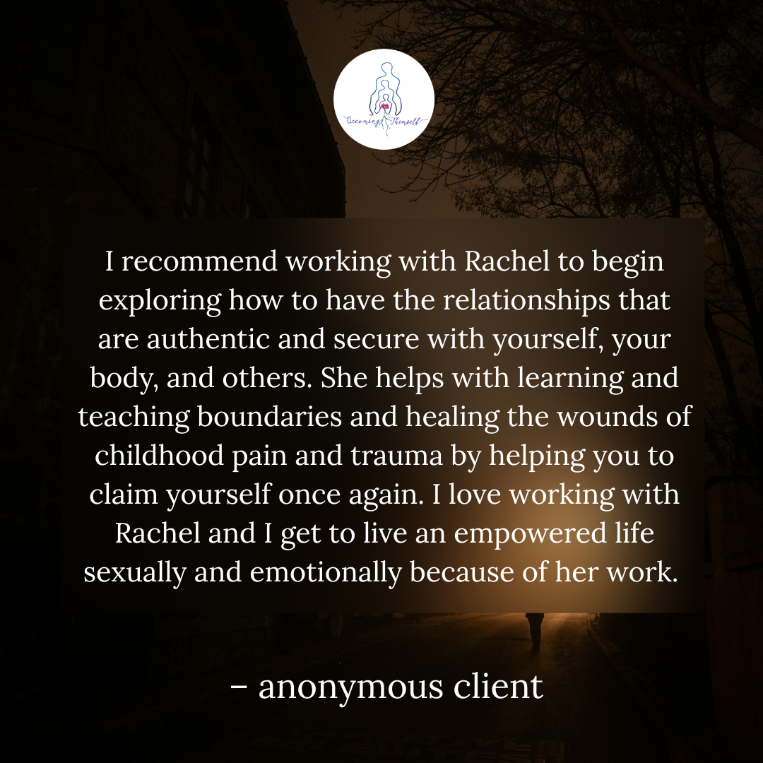 A testimonial quote from an anonymous client about working with Rachel, highlighting growth in authentic and secure relationships, boundary-setting, and healing, set against a dark outdoor city street background with a logo above.