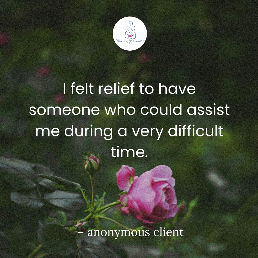 A soft pink flower with green leaves and budding stems set against a deep green background, overlaid with a comforting quote about finding relief through support during difficult times.