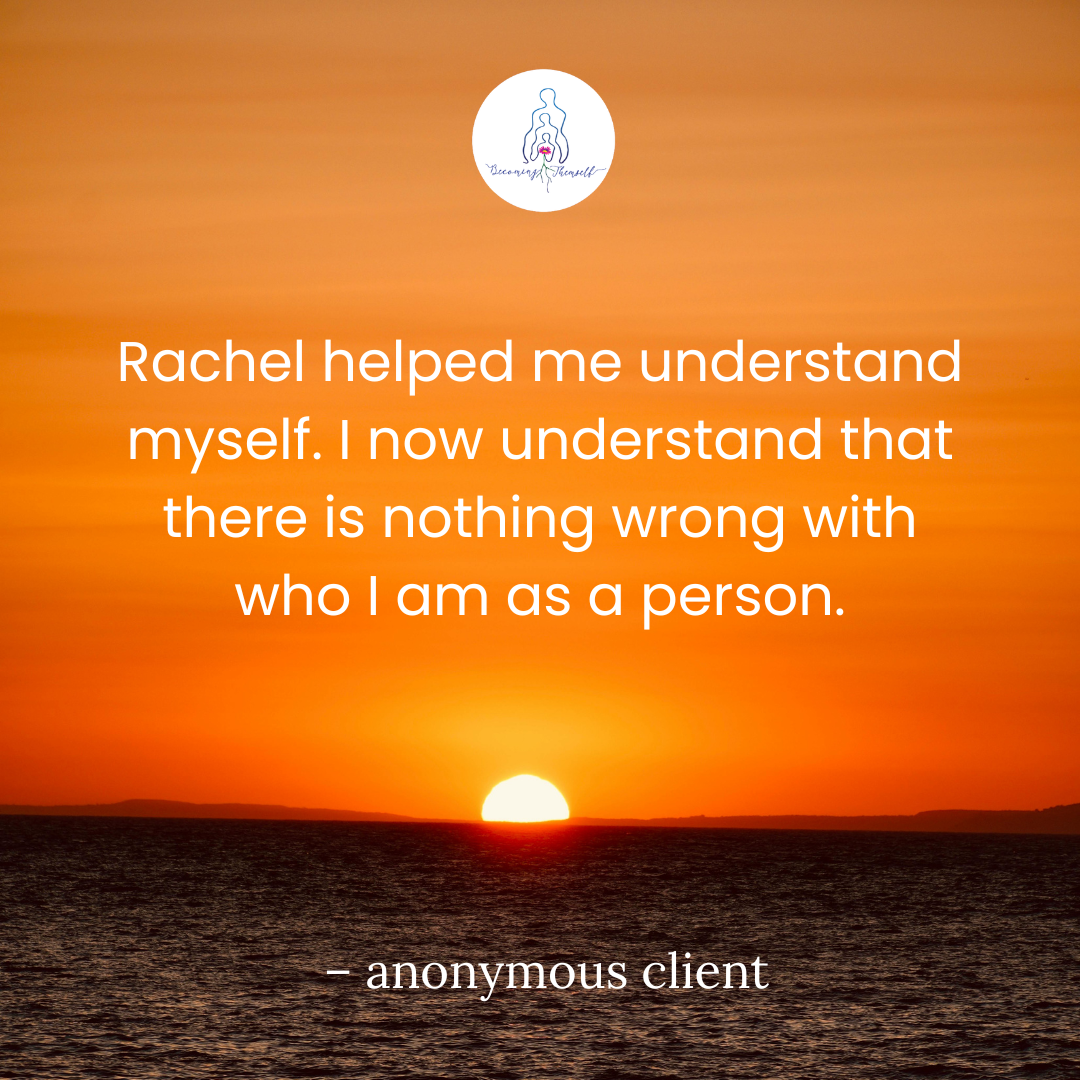 A serene ocean sunset with warm orange hues reflecting over calm waves, paired with a thoughtful quote about self-understanding and self-acceptance, attributed to an anonymous client.