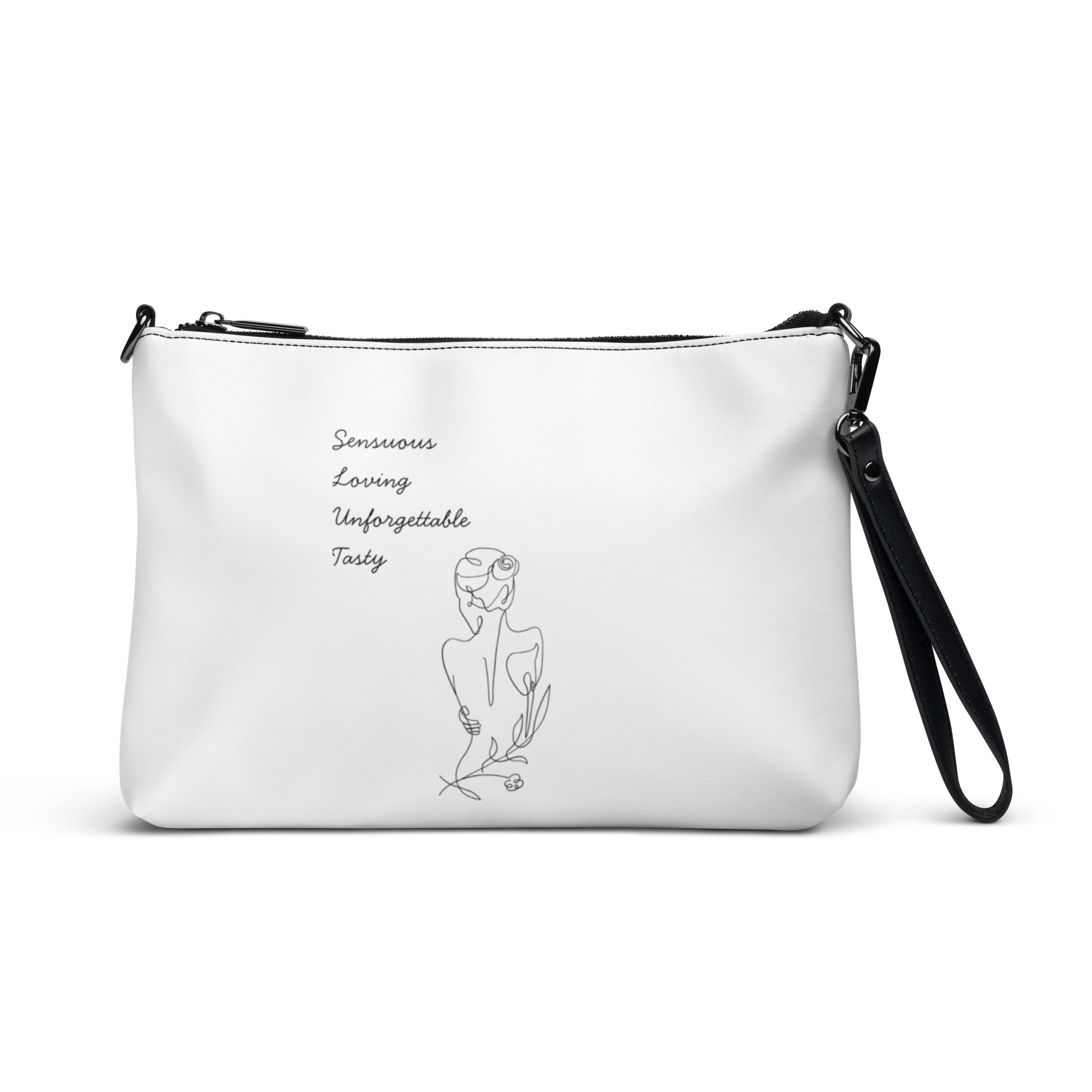 Slut Sensuous, Loving, Unforgettable, Tasty Faux Leather Crossbody Bag with Dark Gray Hardware, Adjustable Straps