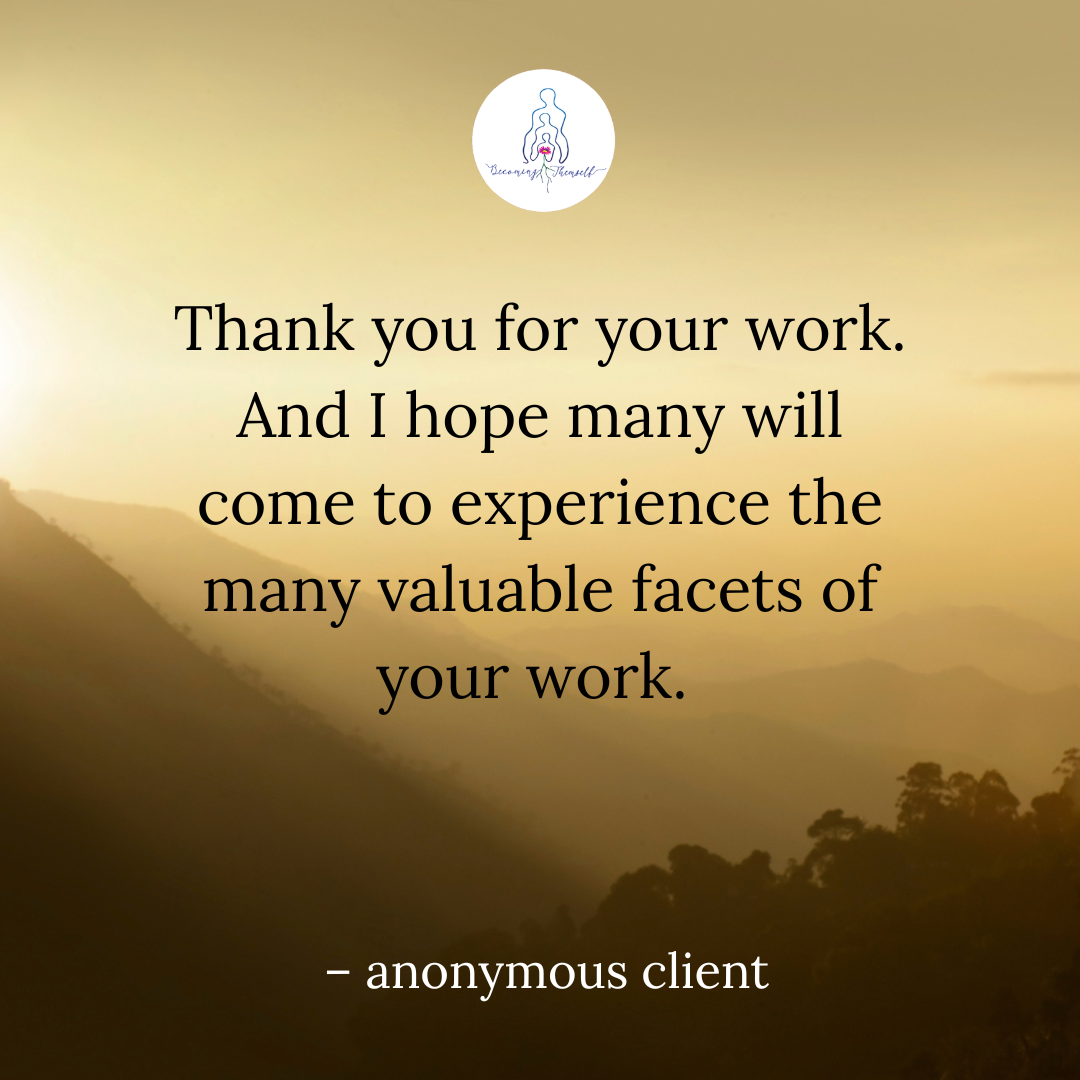 A heartfelt thank you message attributed to an anonymous client, set against a warm sunset mountain landscape, expressing gratitude and inviting others to experience the depth and value of the work.