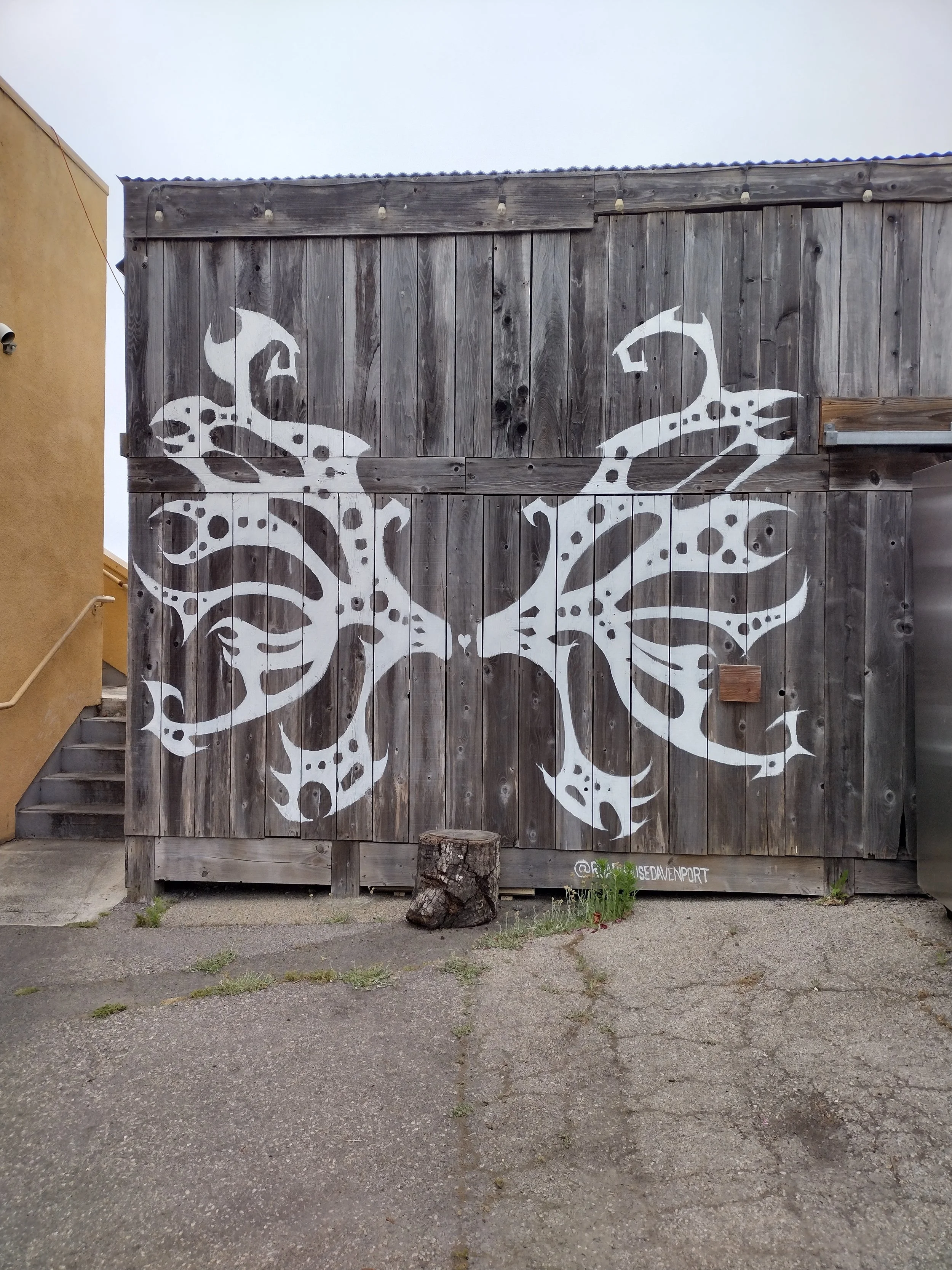 A rustic wooden barn door featuring a white silhouette of an ornate heart, blending natural texture with a decorative, romantic detail.