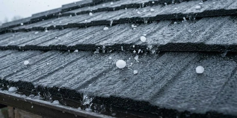 Close-up of a wet, shingled roof with snow or ice pellets falling.