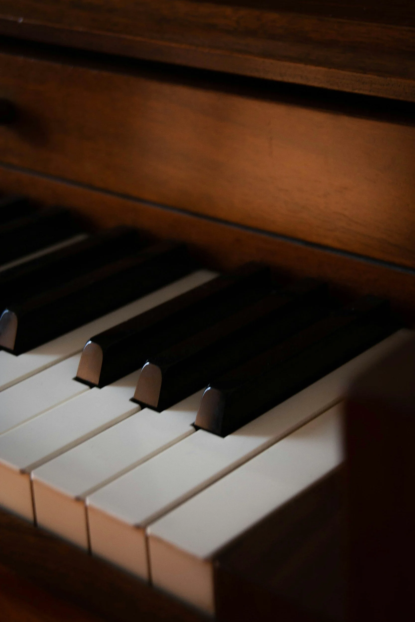 Close-up of piano keys with black and white keys visible.