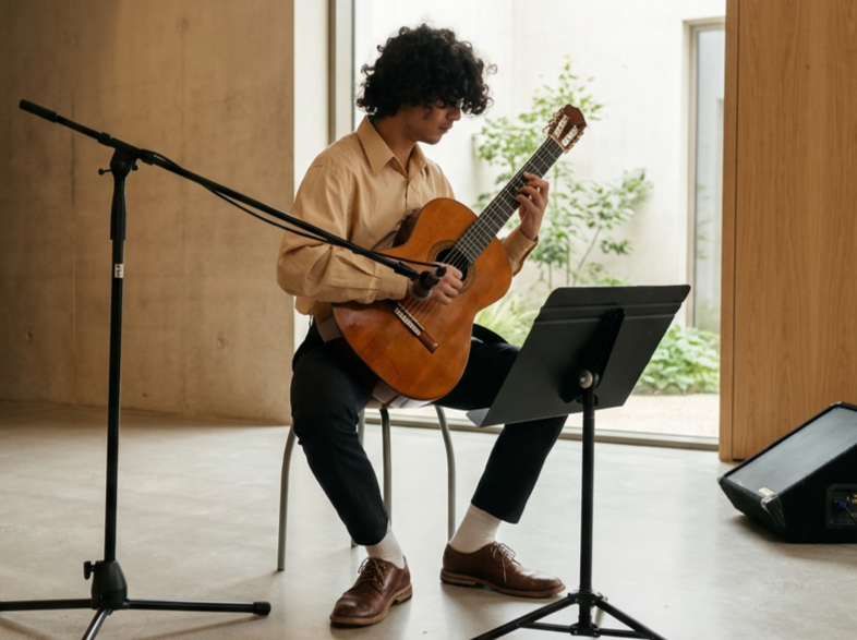 Young man with curly hair playing acoustic guitar, sitting on a chair in a room with large windows and natural light, with microphone and music stand nearby.