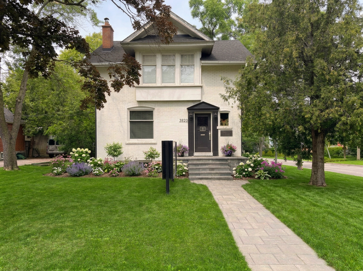 White two-story house with black front door, surrounded by a lush green lawn and colorful flower beds, with a paved walkway leading to the stairs and trees lining the yard.