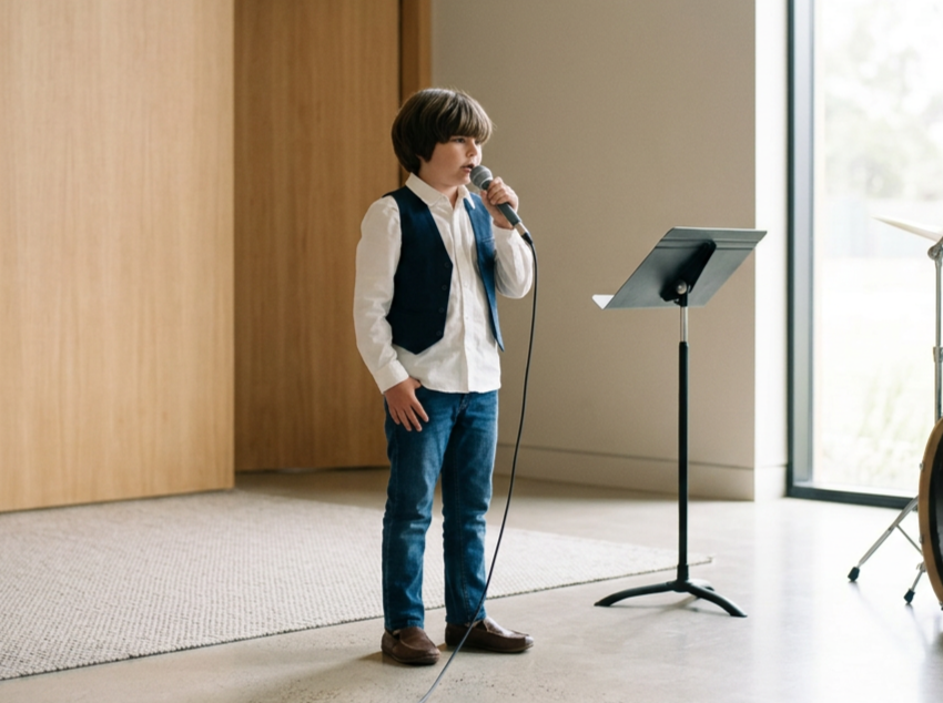 A young boy standing on a carpeted floor, holding a microphone and singing, with a music stand beside him. He is wearing a white shirt, a dark vest, jeans, and brown shoes, near a large window with a view outside.