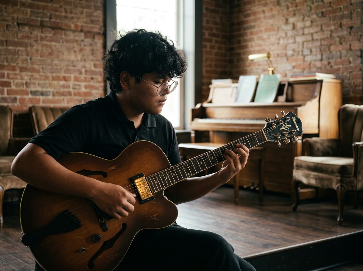 A young man with curly hair and glasses playing an electric guitar in a cozy room with brick walls, wooden furniture, and a piano in the background.