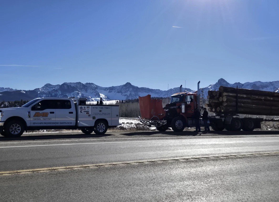 A pickup truck and a logging truck on the side of a highway with mountains in the background.