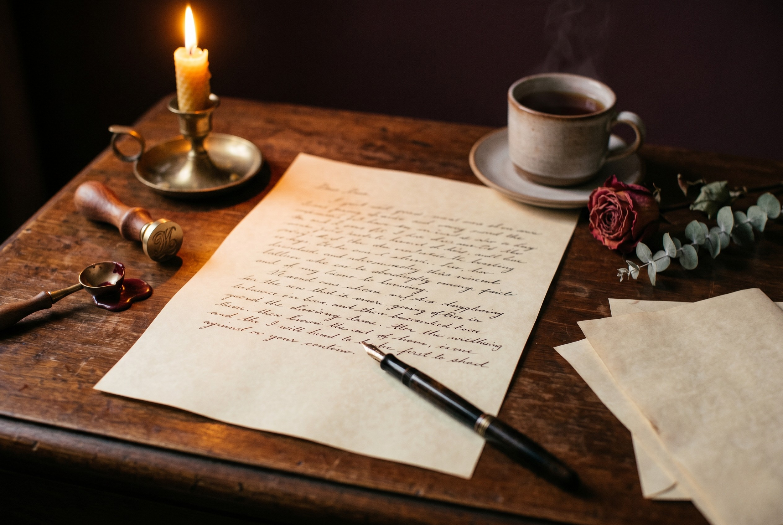 A wooden table with a lit candle in a brass holder, a sheet of handwritten paper, a fountain pen, a dried pink rose, eucalyptus leaves, and a steaming cup of tea or coffee.