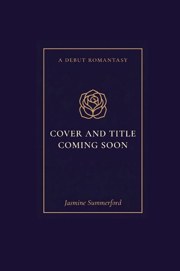 Book cover placeholder with a dark background, a gold outline of a rose, and text indicating a romance novel debut titled 'Cover and Title Coming Soon' by Jasmine Summerford.