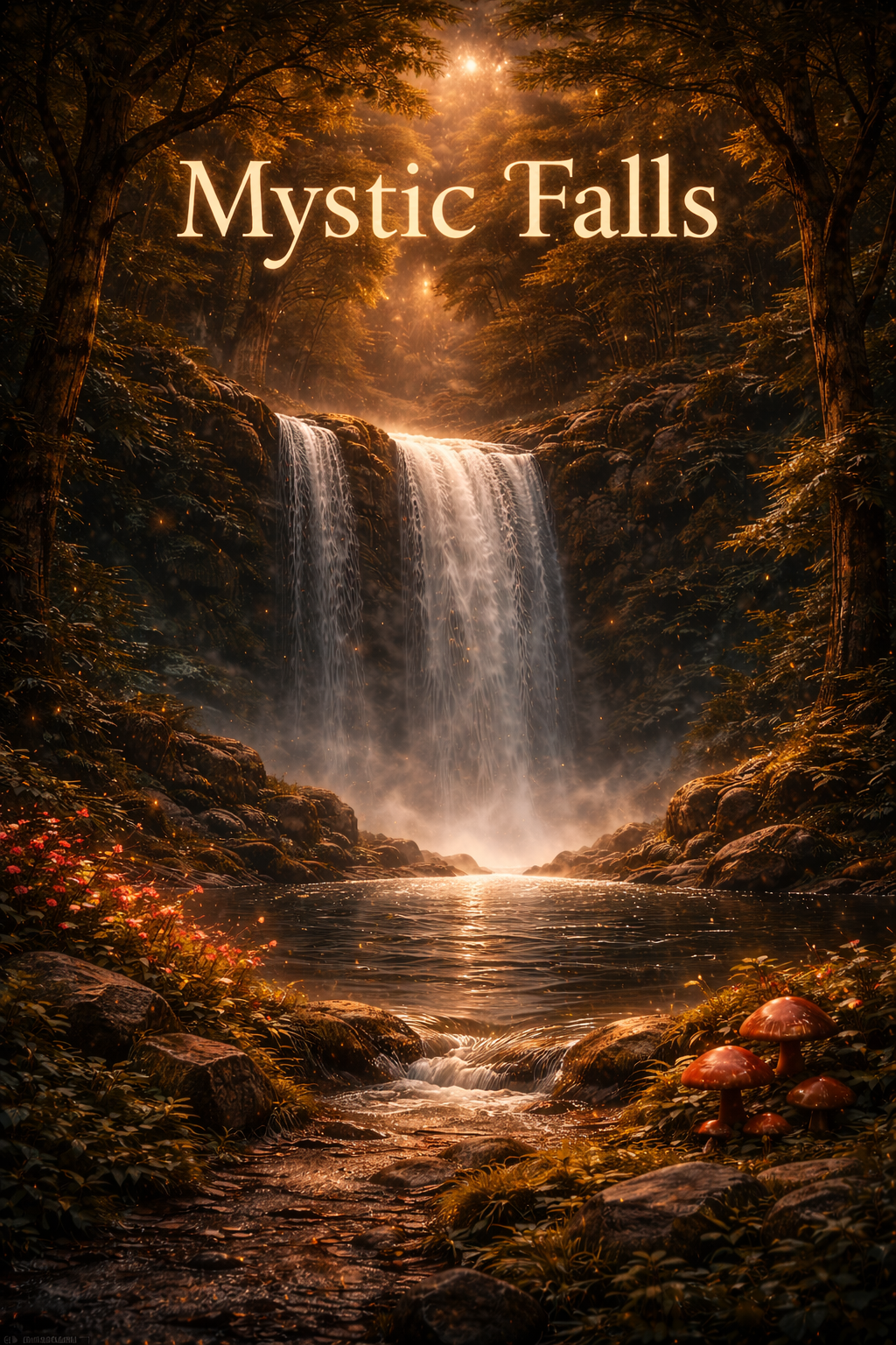 A mystical waterfall cascading into a forest pool surrounded by lush foliage and mushrooms, with a warm glow filtering through the trees.