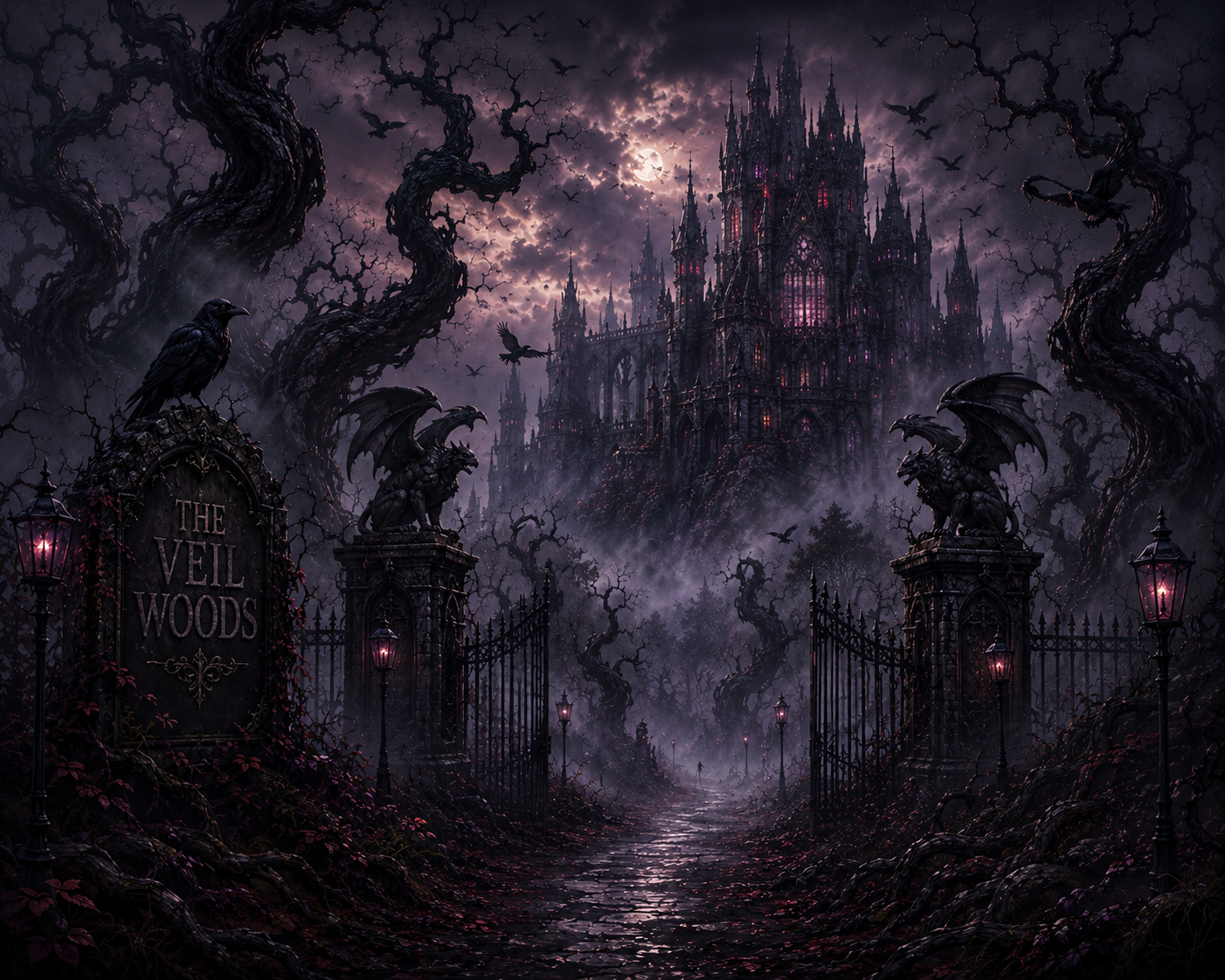 Dark, eerie forest with twisted, leafless trees and a mysterious path leading to a large, gothic castle in the background under a full moon. Gloomy purple and black tones, with black birds flying in the sky, and a sign reading 'The Veil Woods' flanked by stone gargoyle statues and lanterns.