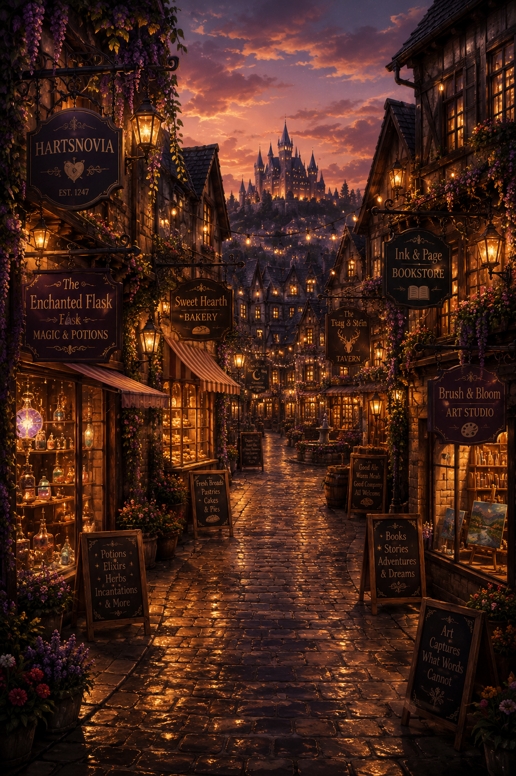A magical, fairy-tale-like street scene at sunset with cobblestone streets, illuminated shop windows, and signs for fantasy-themed stores such as a bakery, bookstore, art studio, and potion shop. In the background, a large castle sits on a hill under a colorful, cloudy sky.