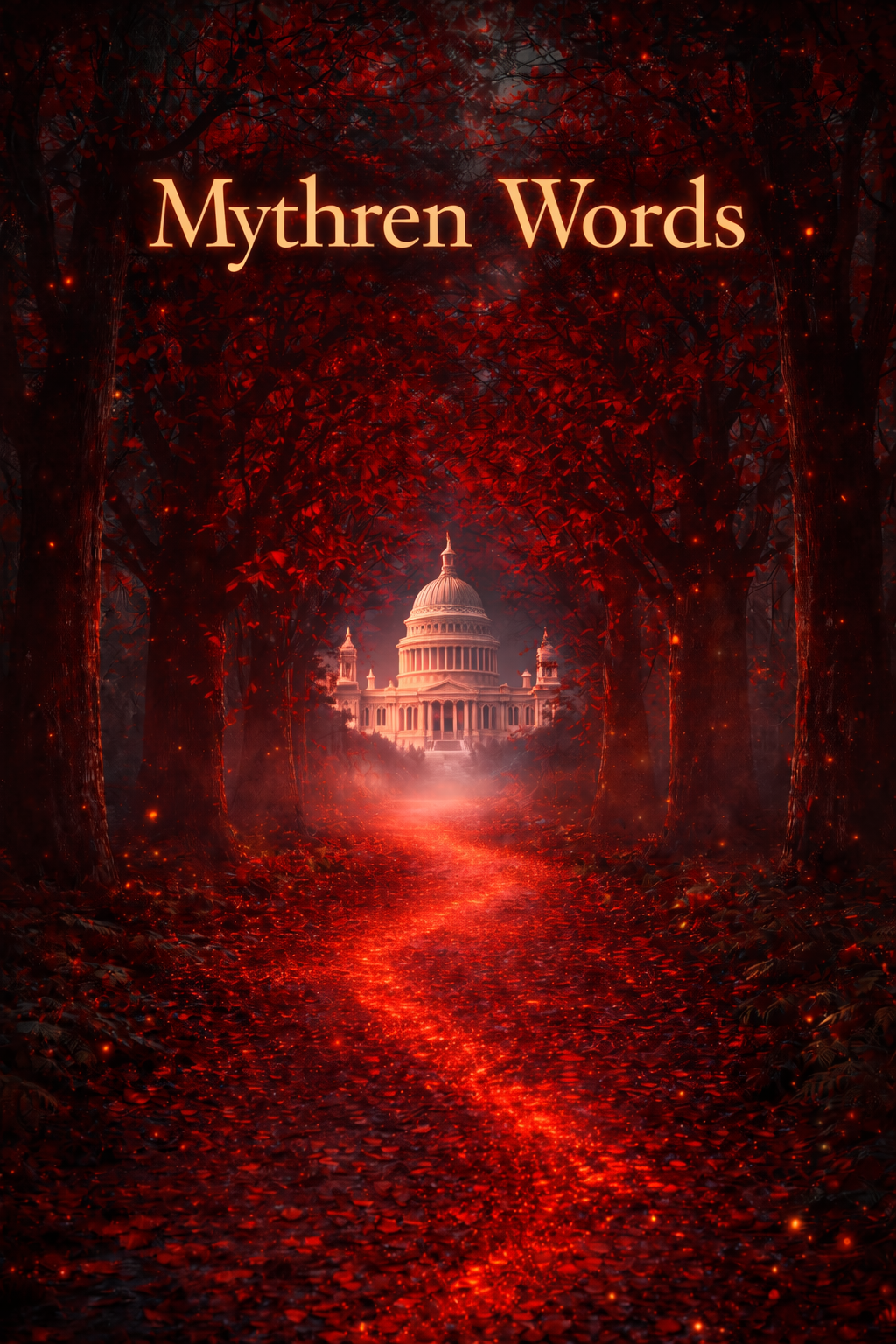 A mystical forest pathway with a glowing red trail, leading to the U.S. Capitol building in the distance, surrounded by dark trees and glowing red accents, with the words 'Mythren Words' at the top.