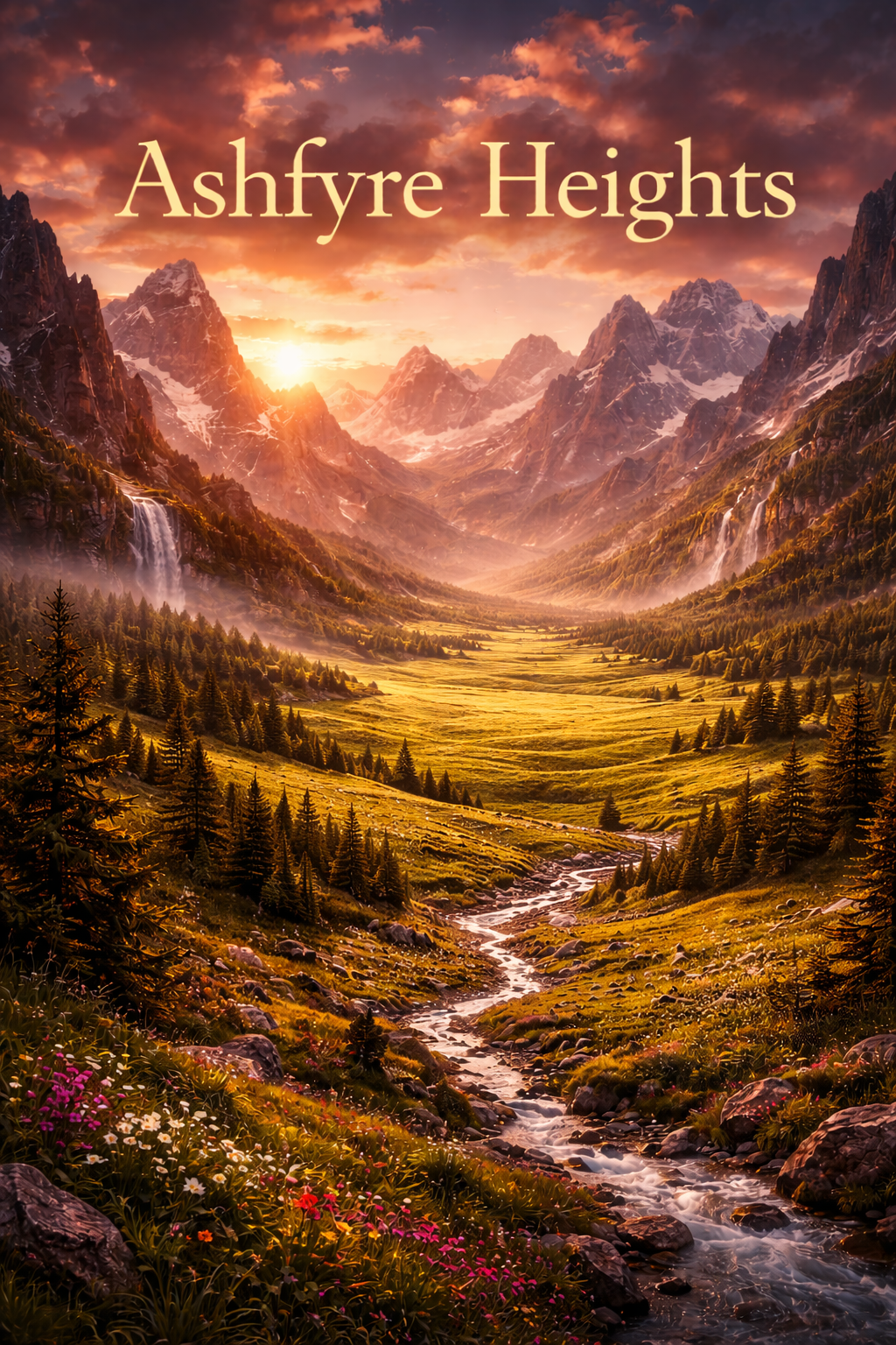 A scenic landscape of a valley with a river running through it, surrounded by lush trees and towering snow-capped mountains under a vibrant sunset sky.