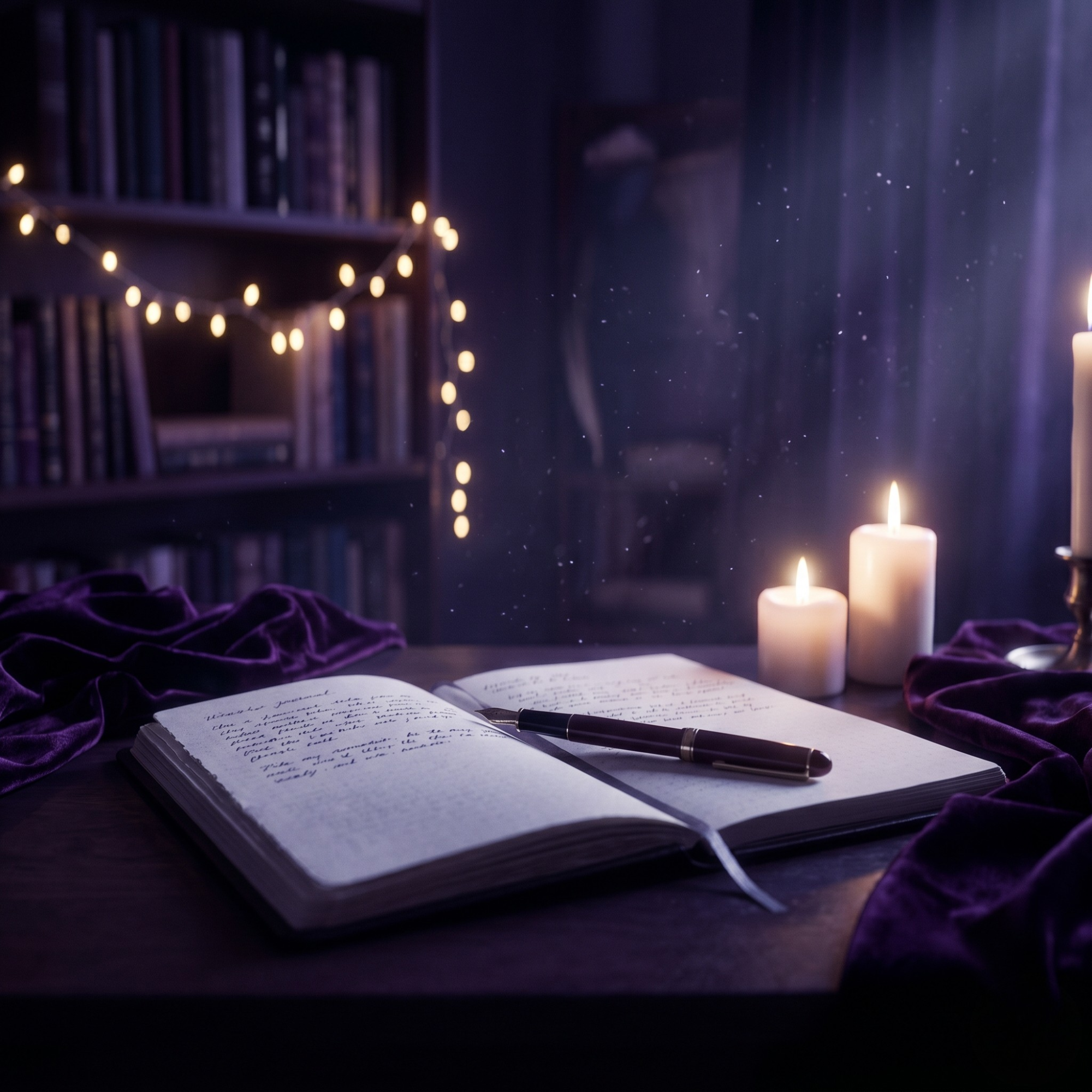 Open notebook with handwritten notes, a pen resting on the pages, purple velvet fabric, lit candles, a bookshelf with string lights, and a starry night sky visible through a window.