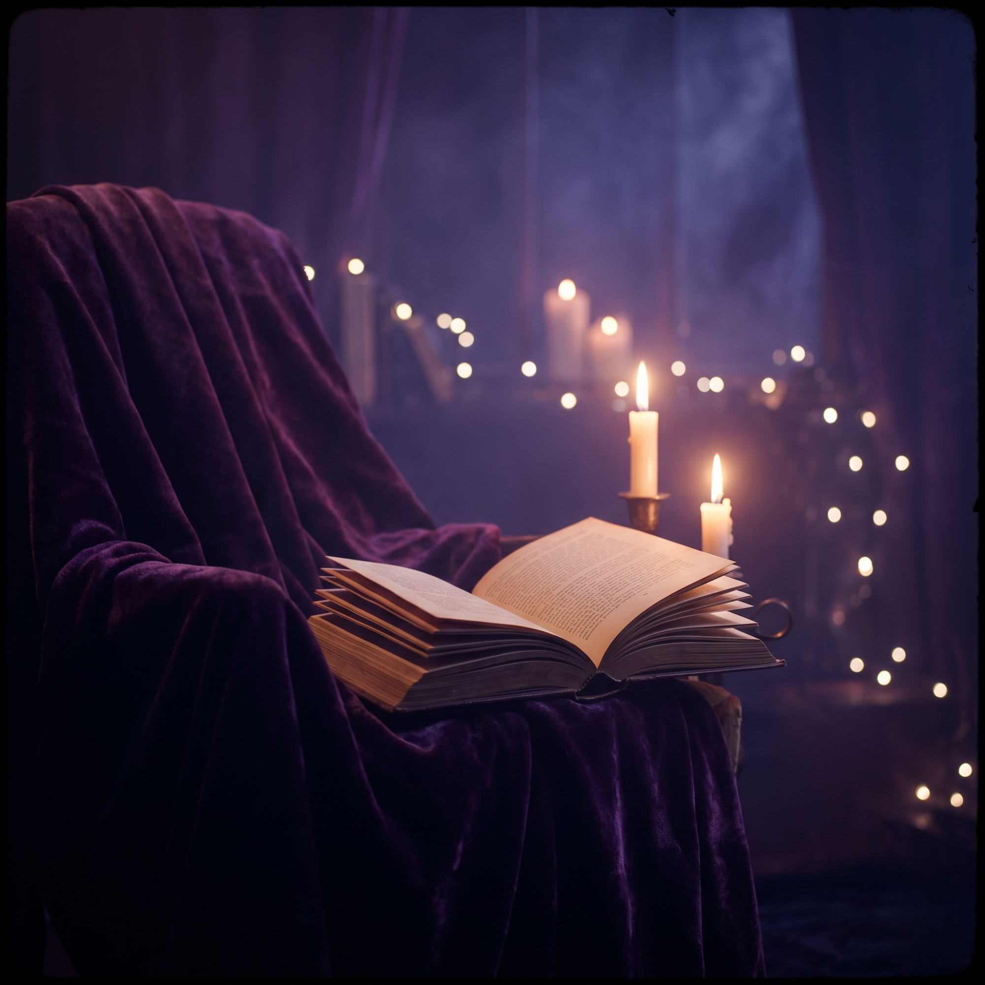 A person in a purple velvet garment reading a book with candles and fairy lights in the background.