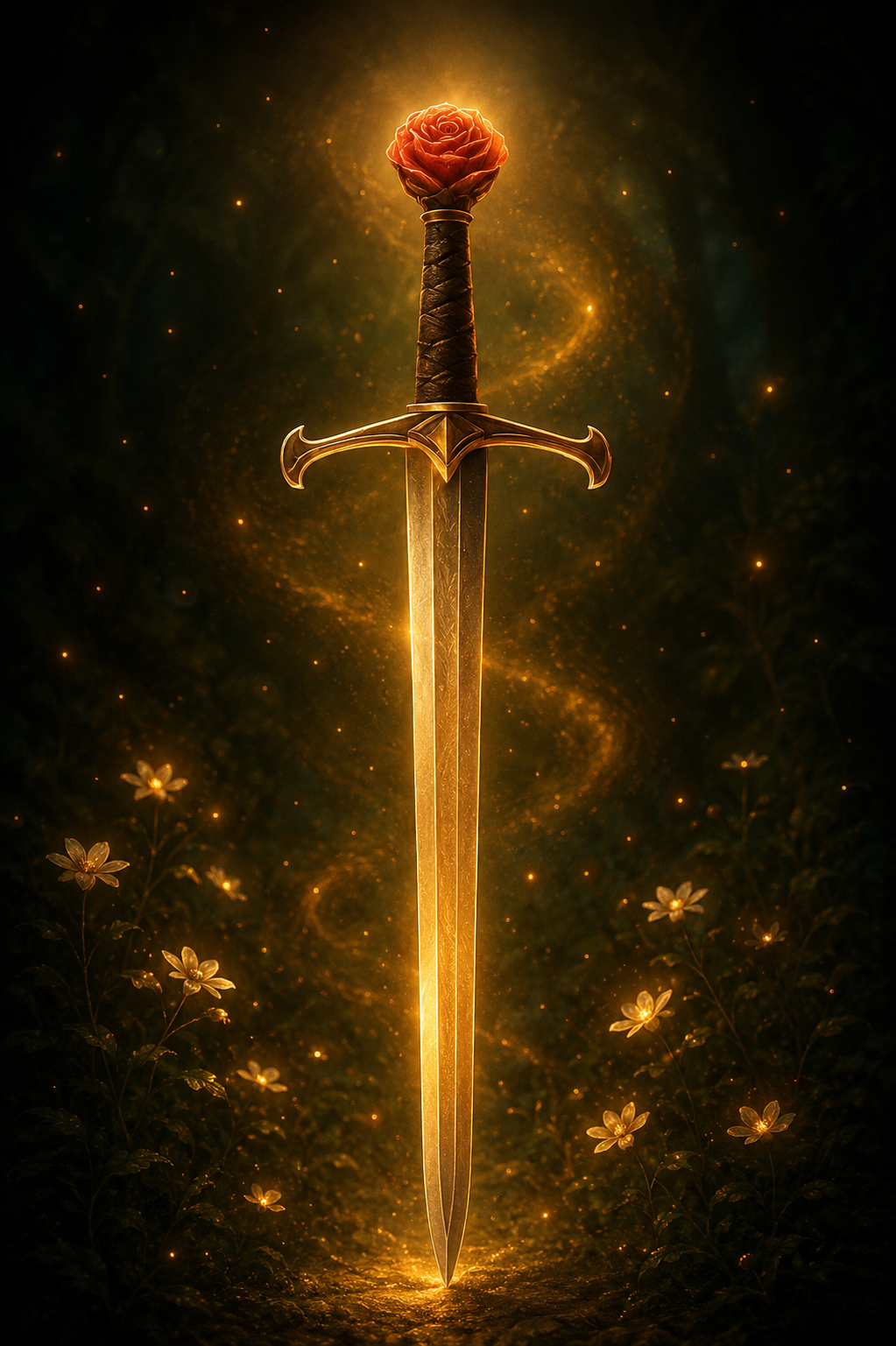 A glowing sword with a rose on the hilt, floating among flowers and sparks in a dark background.