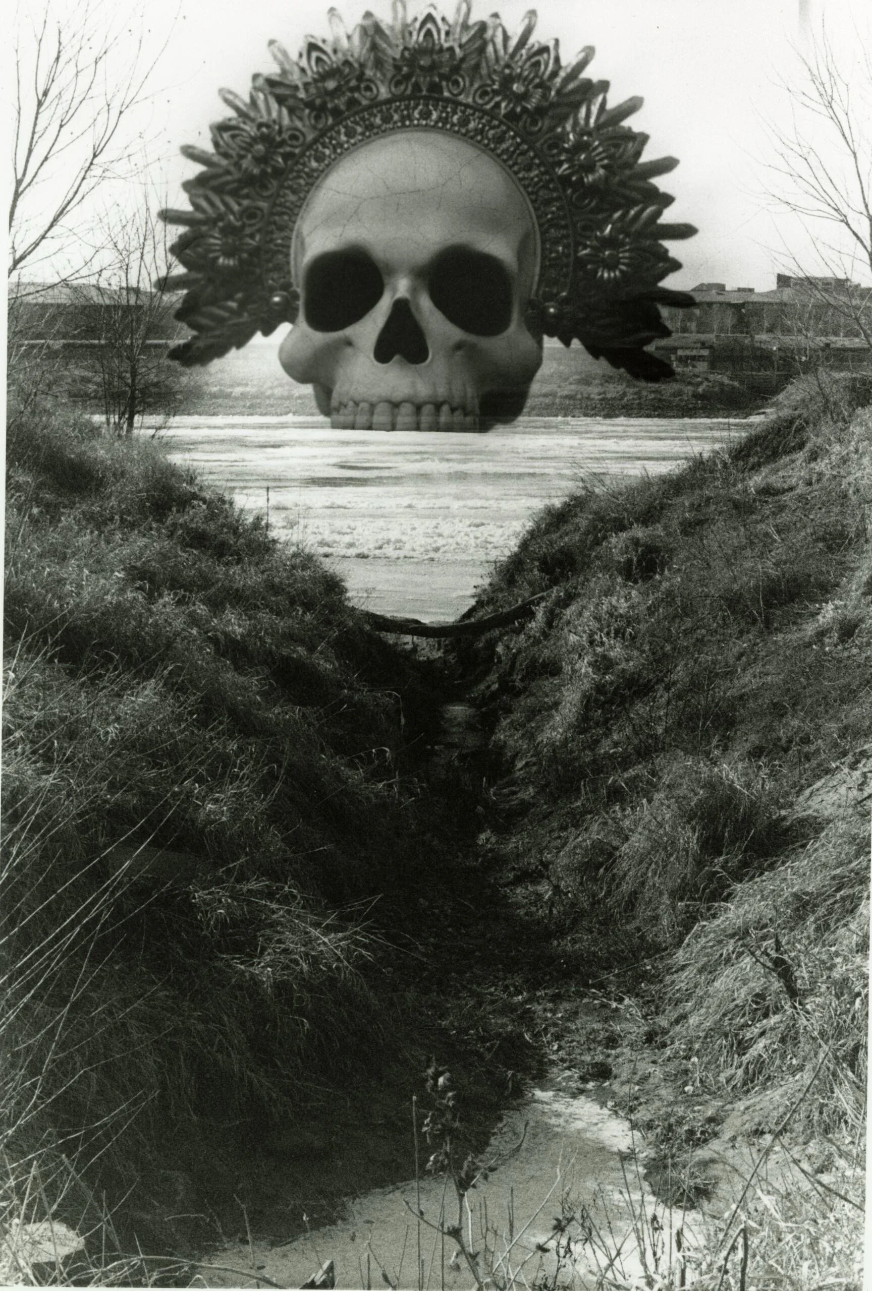 A large skull with a decorative headdress is positioned in the middle of a frozen river, with leafless trees and buildings in the background.