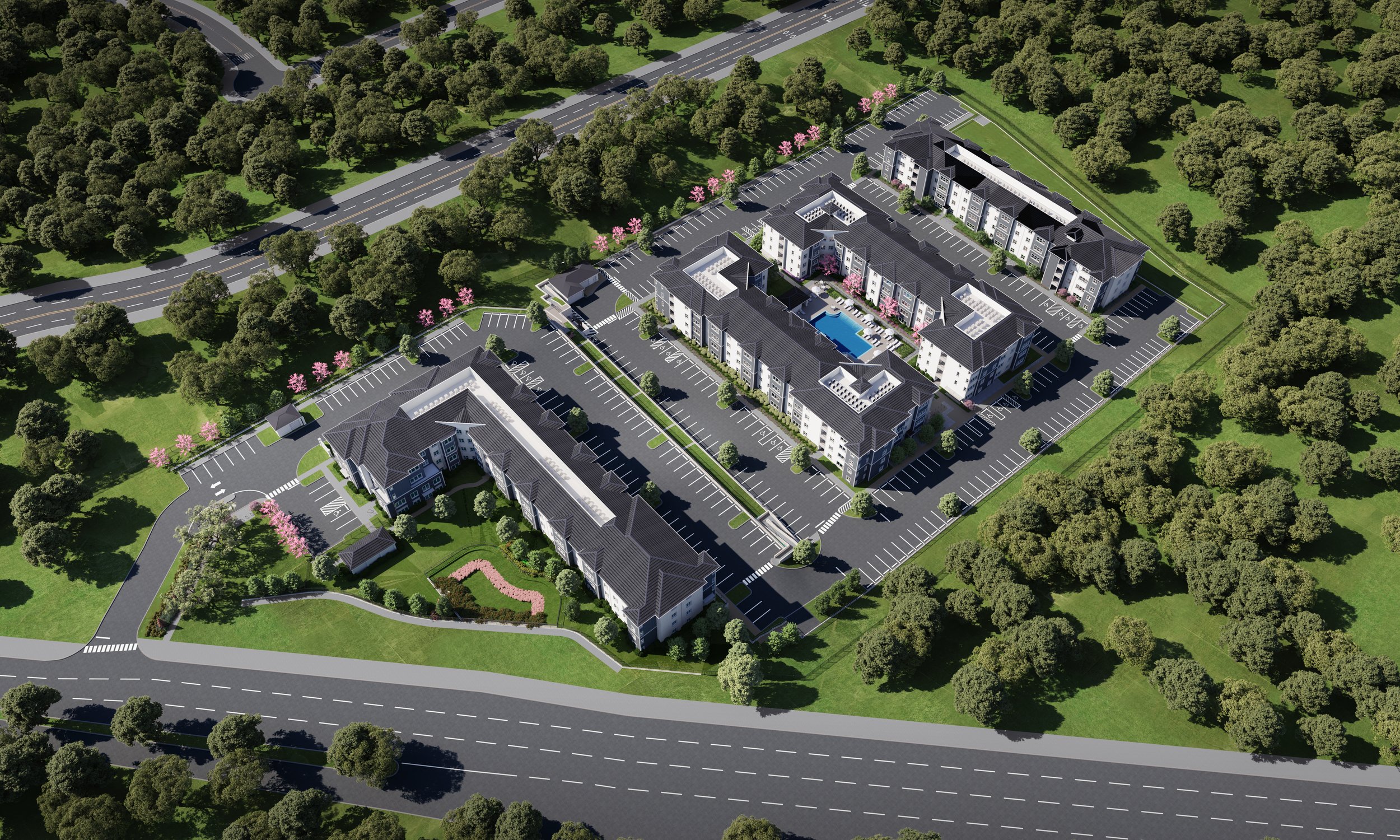 Aerial view of Cyrus Apartments in Austin with a swimming pool, surrounding parking lots, trees, and green spaces.