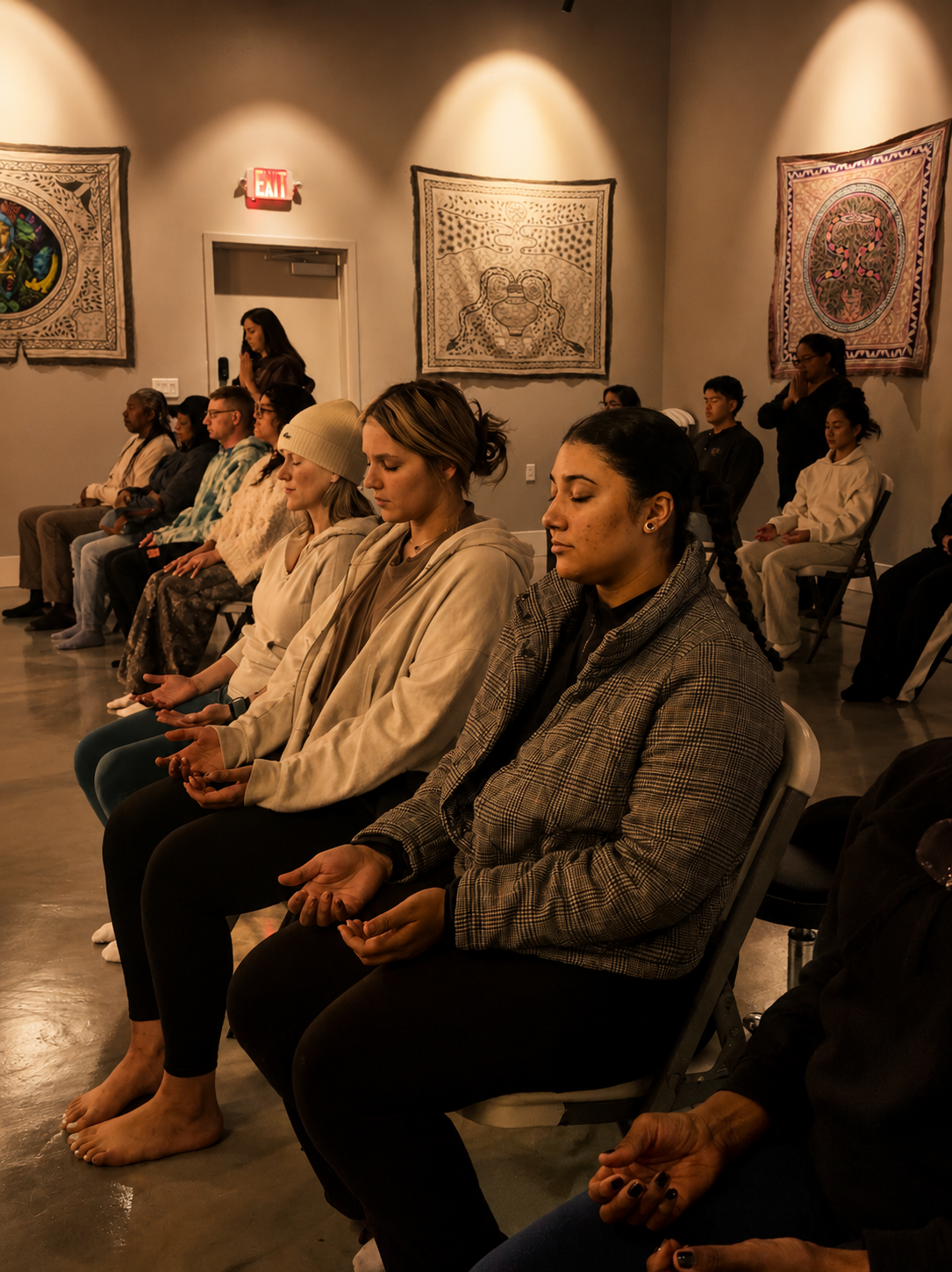 People seated in a meditation or prayer session, eyes closed, in a room with beige walls decorated with colorful tapestry artwork.